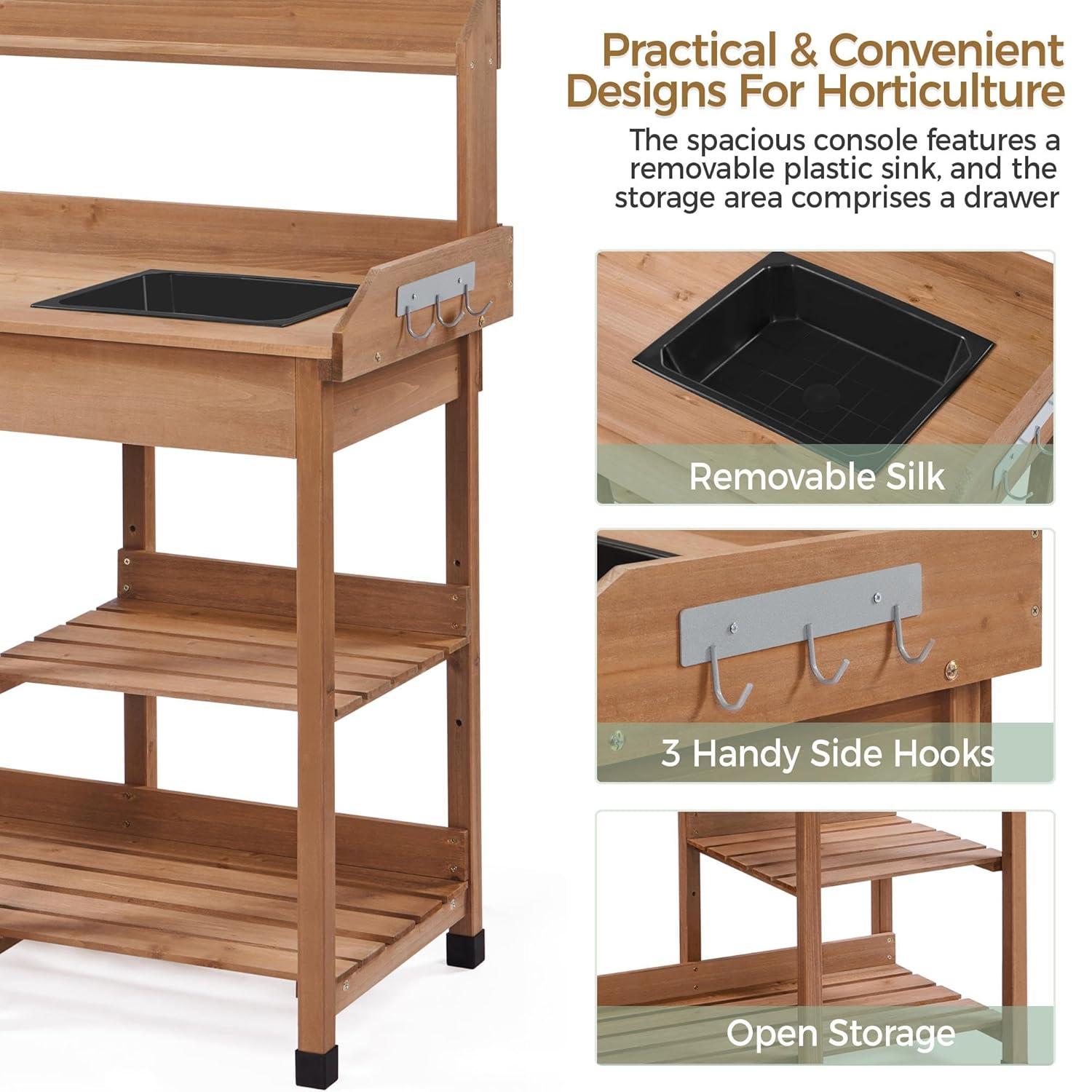 Topeakmart 45.2x17.7x47.6'' (LxWxH) Potting Benches Outdoor Garden Potting Table Work Bench with Removable Sink Drawer Rack Shelves Work Station, Wood