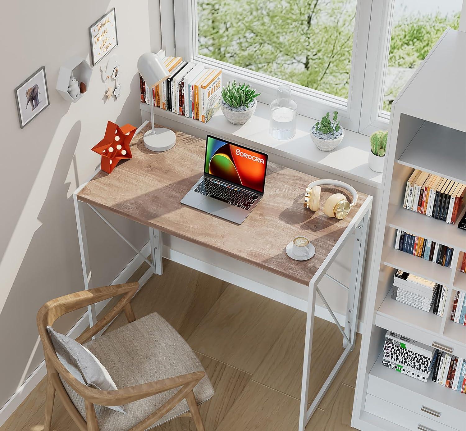 Coavas Folding Desk 31.5 inch Foldable Small Portable Computer Desks, Spaces Saving Writing Sturdy Table for Bedroom, Home Office, Dorm, Apartment, Pre Assembled, Oak