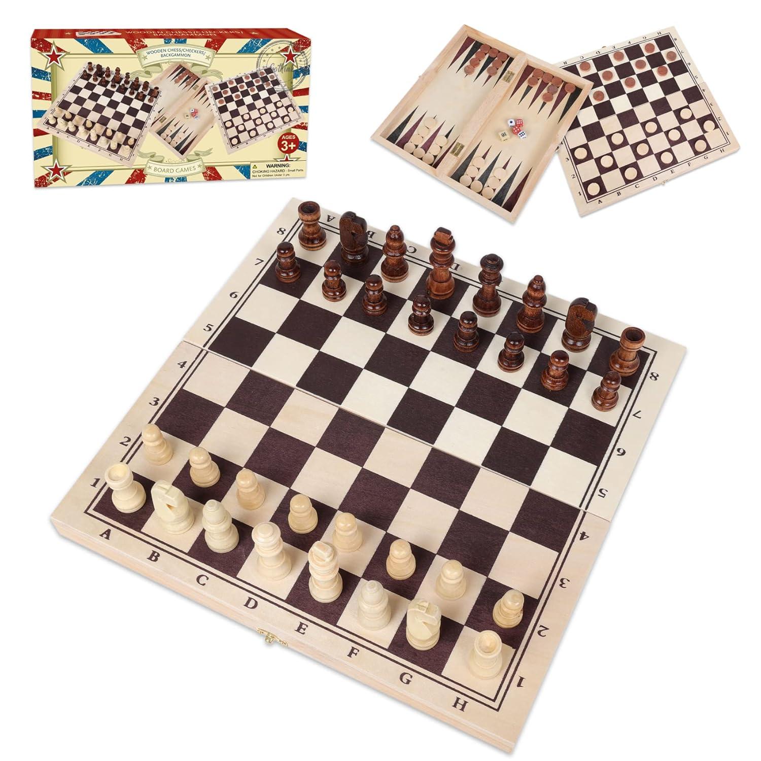 GOTHINK Wooden Chess, Checker, and Backgammon 3 in 1 Board Game Set,Classic Traditional Travel Night Toy and Game Gift Set for Kids Adults Senior Family