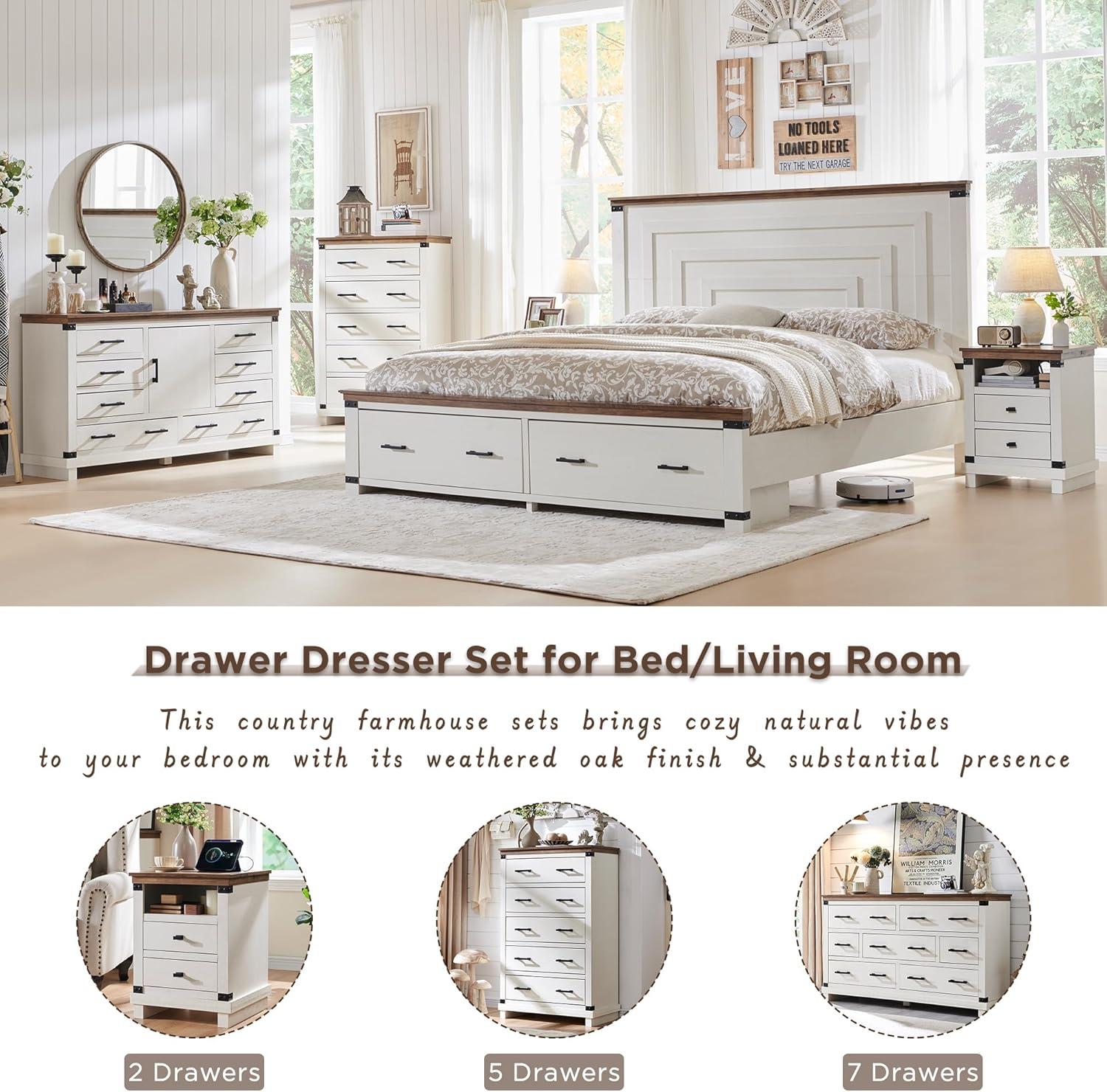OKD Farmhouse 8 Drawer Dresser for Bedroom with Adjustable Shelf, Wood Long Chest of Drawers with Thick Plank Styling, Rustic Large Closet Dresser for Bedroom, Living Room, Antique White