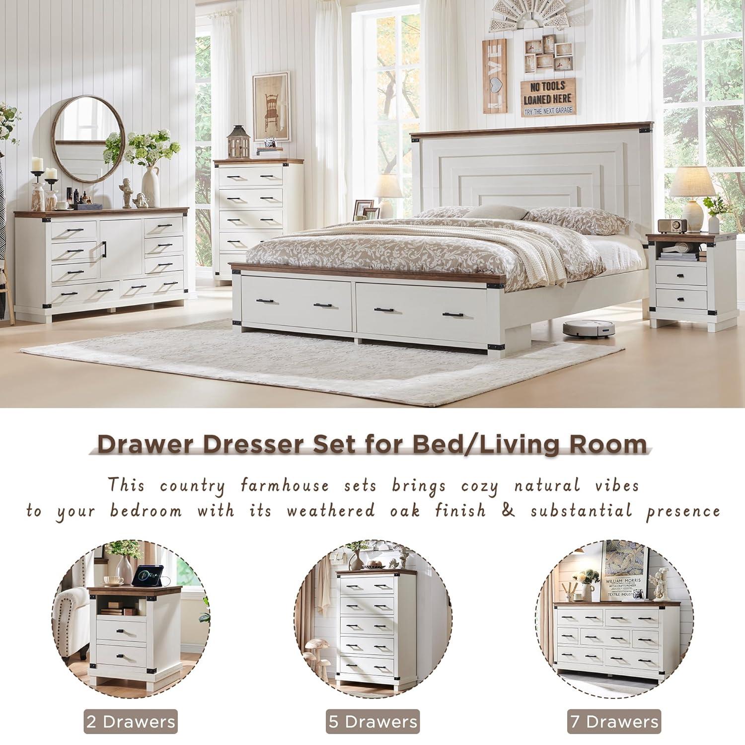 OKD Farmhouse 8 Drawer Dresser for Bedroom with Adjustable Shelf, Wood Long Chest of Drawers with Thick Plank Styling, Rustic Large Closet Dresser for Bedroom, Living Room, Antique White