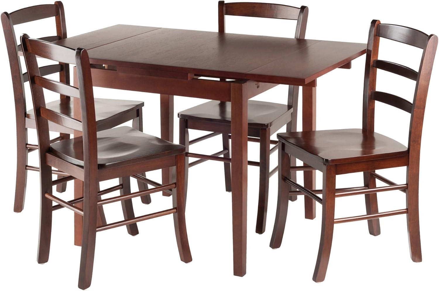 5pc Pulman Dining Set with Ladder Back Chairs Wood/Walnut - Winsome: Mid-Century Modern, Square Table, 4 Stools