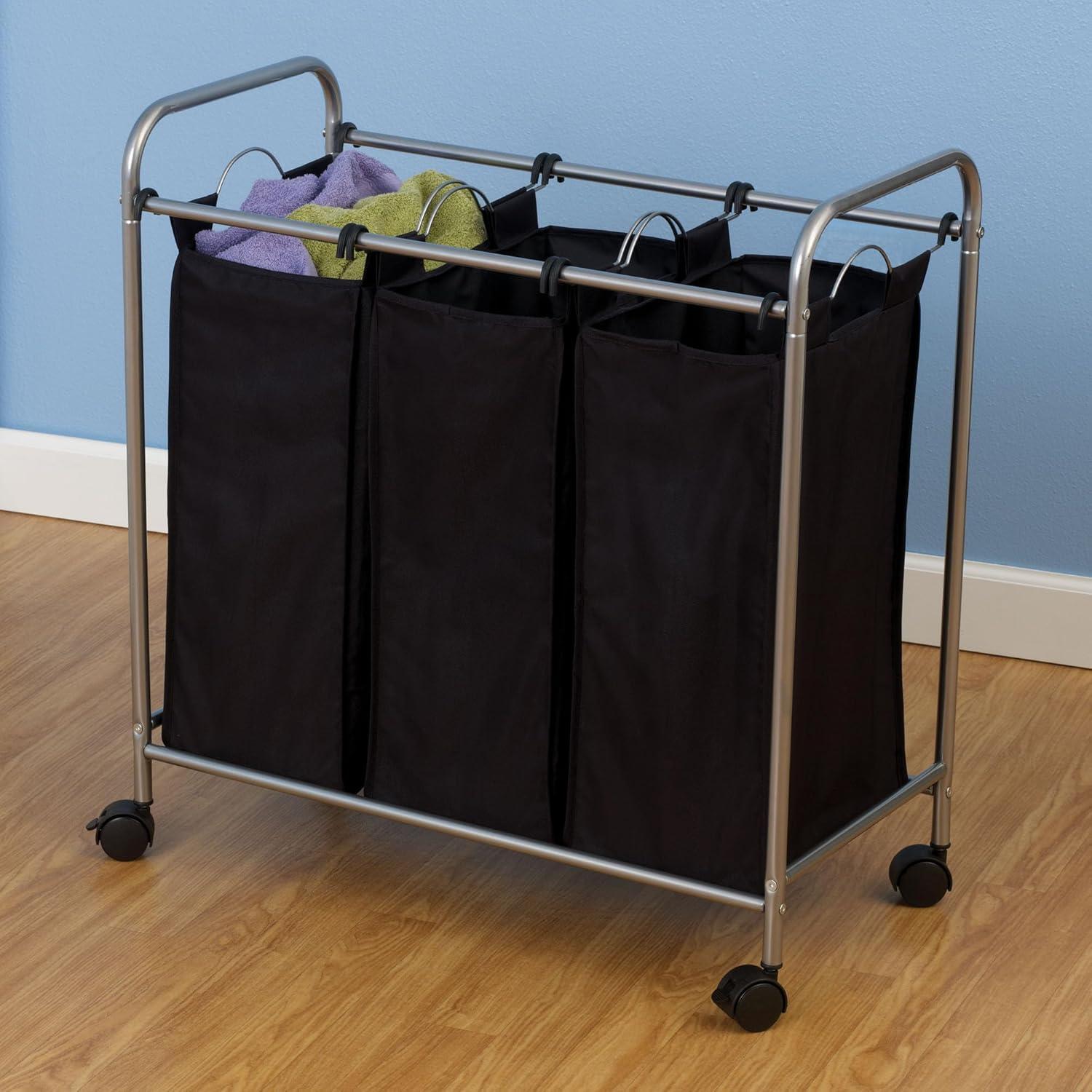 Household Essentials 7044 Triple Laundry Sorter on Wheels - Black and Grey
