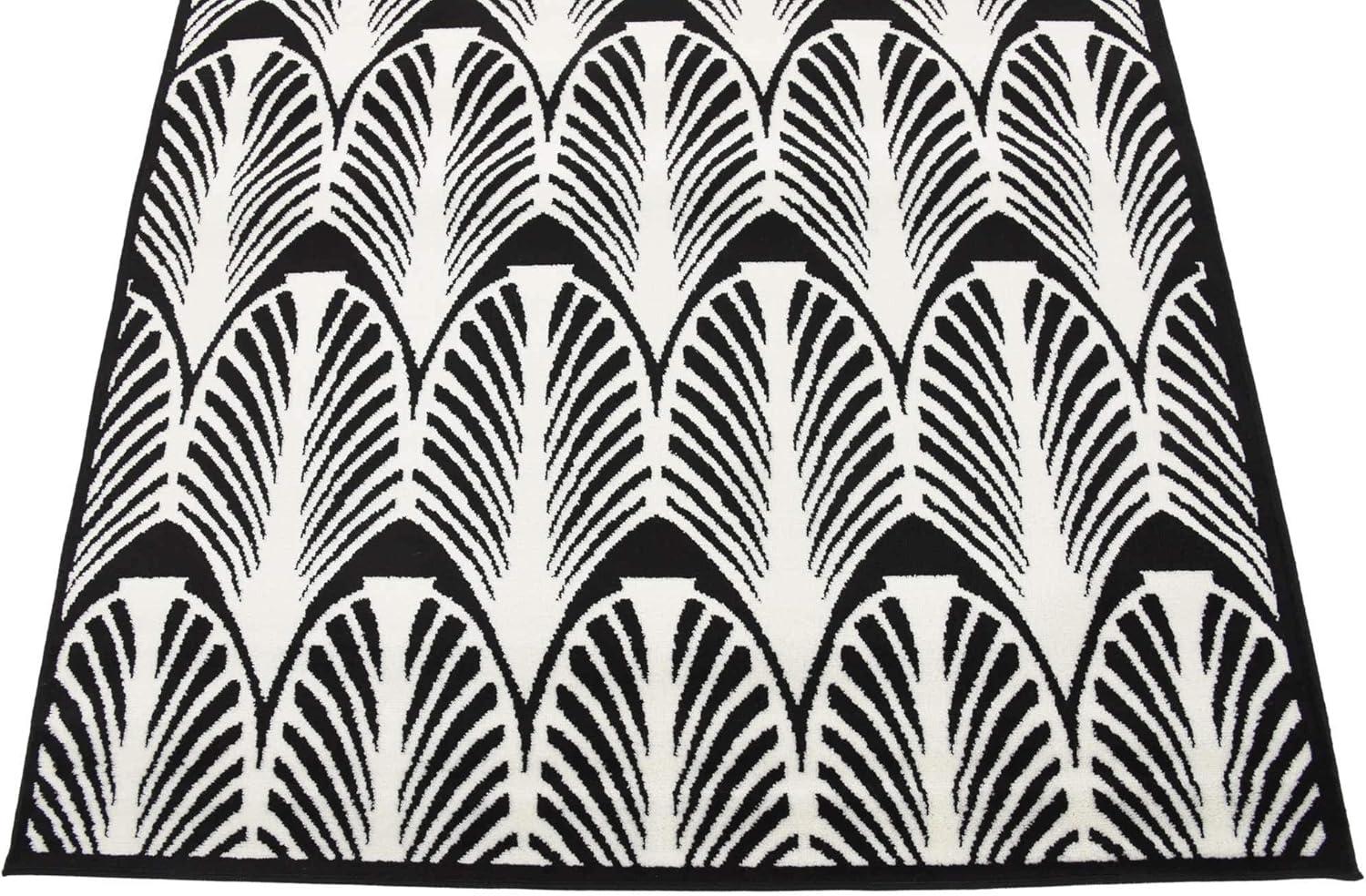 Black and Ivory Art Deco Floral Motif Area Rug, 5 x 8 ft