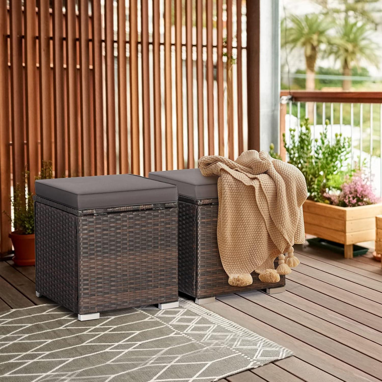 Gray Rattan Outdoor Storage Ottoman Set with Cushions