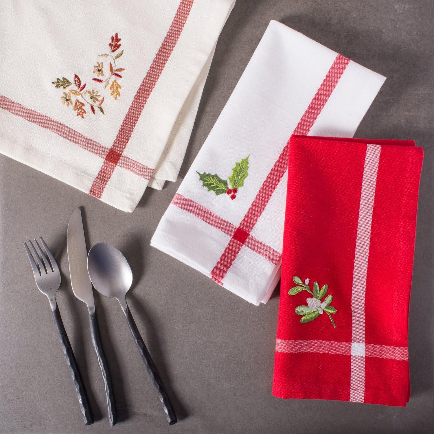 Red Embroidered Mistletoe Cotton Napkins Set of 6