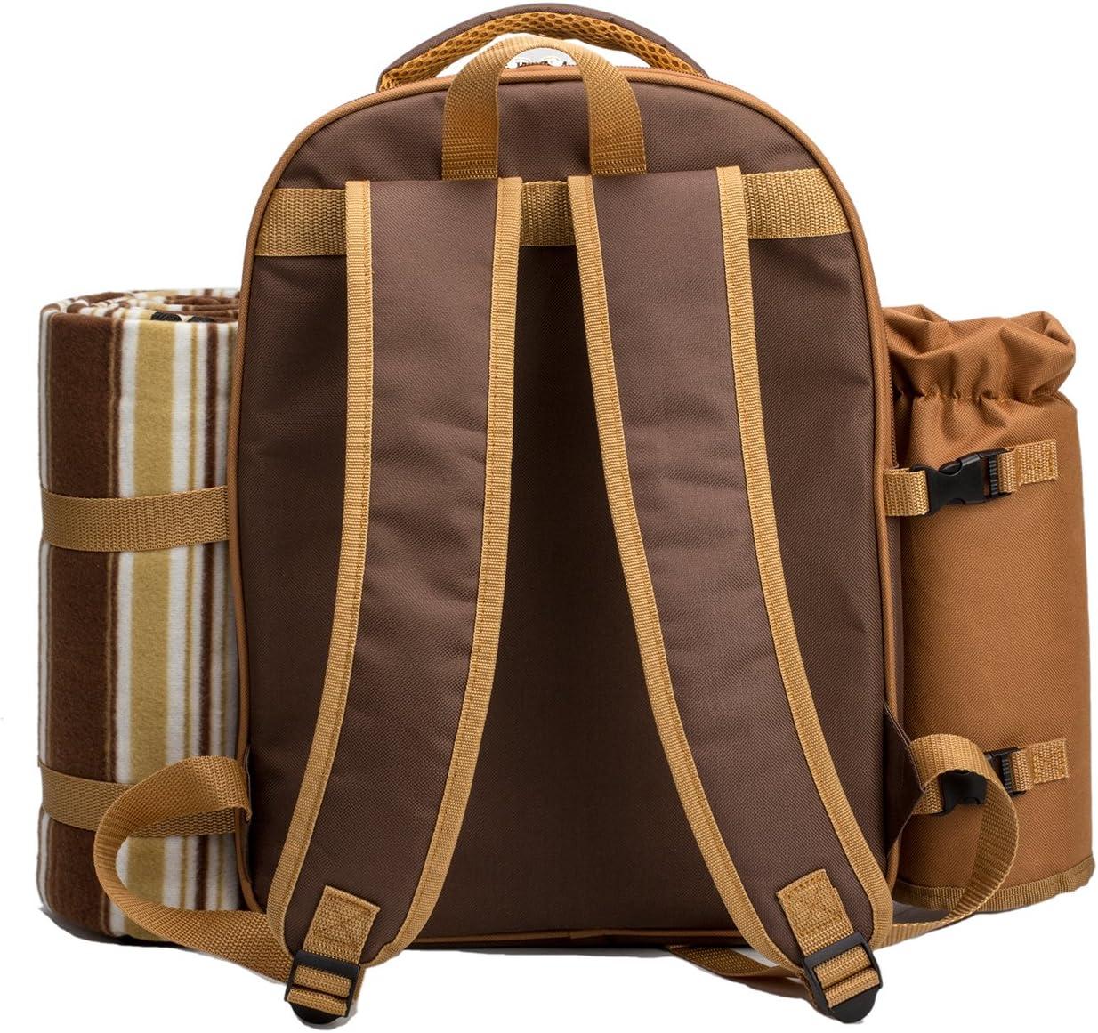 Brown Picnic Backpack for 2 with Cooler and Blanket