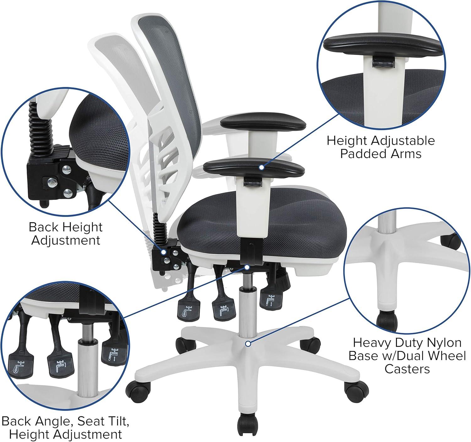 Flash Furniture Mid-Back Dark Gray Mesh Multifunction Executive Swivel Ergonomic Office Chair with Adjustable Arms and White Frame
