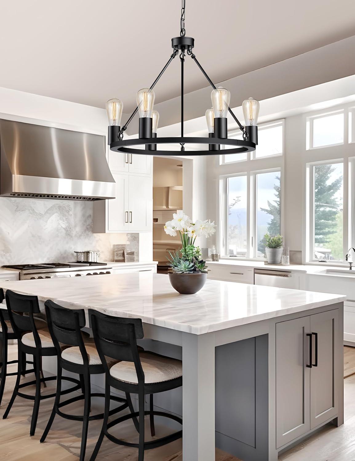 Farmhouse 6 Lights Black Wagon Wheel Chandelier,Modern Vintage Round Pendant Light Fixture for Dining Room,Living Room, Entryway Foyer Kitchen Island, E26