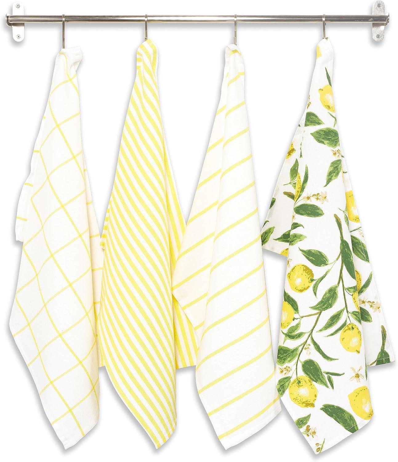 Lemon Print and Yellow Striped Cotton Kitchen Towel Set, 18 x 28-inch