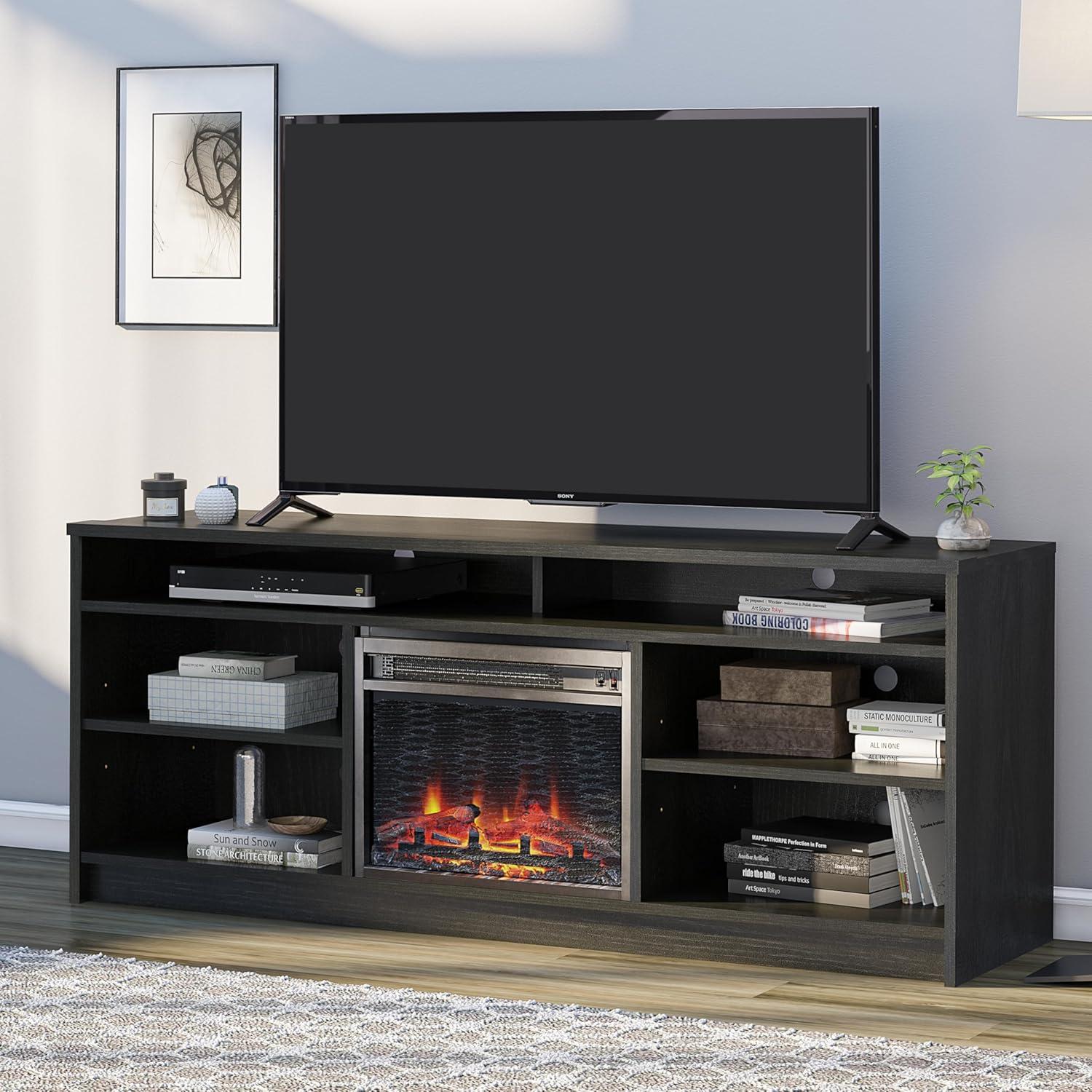 Ameriwood Home Hendrix Electric Fireplace Space Heater TV Stand for TVs up to 65" with 6 Shelves, Black Oak