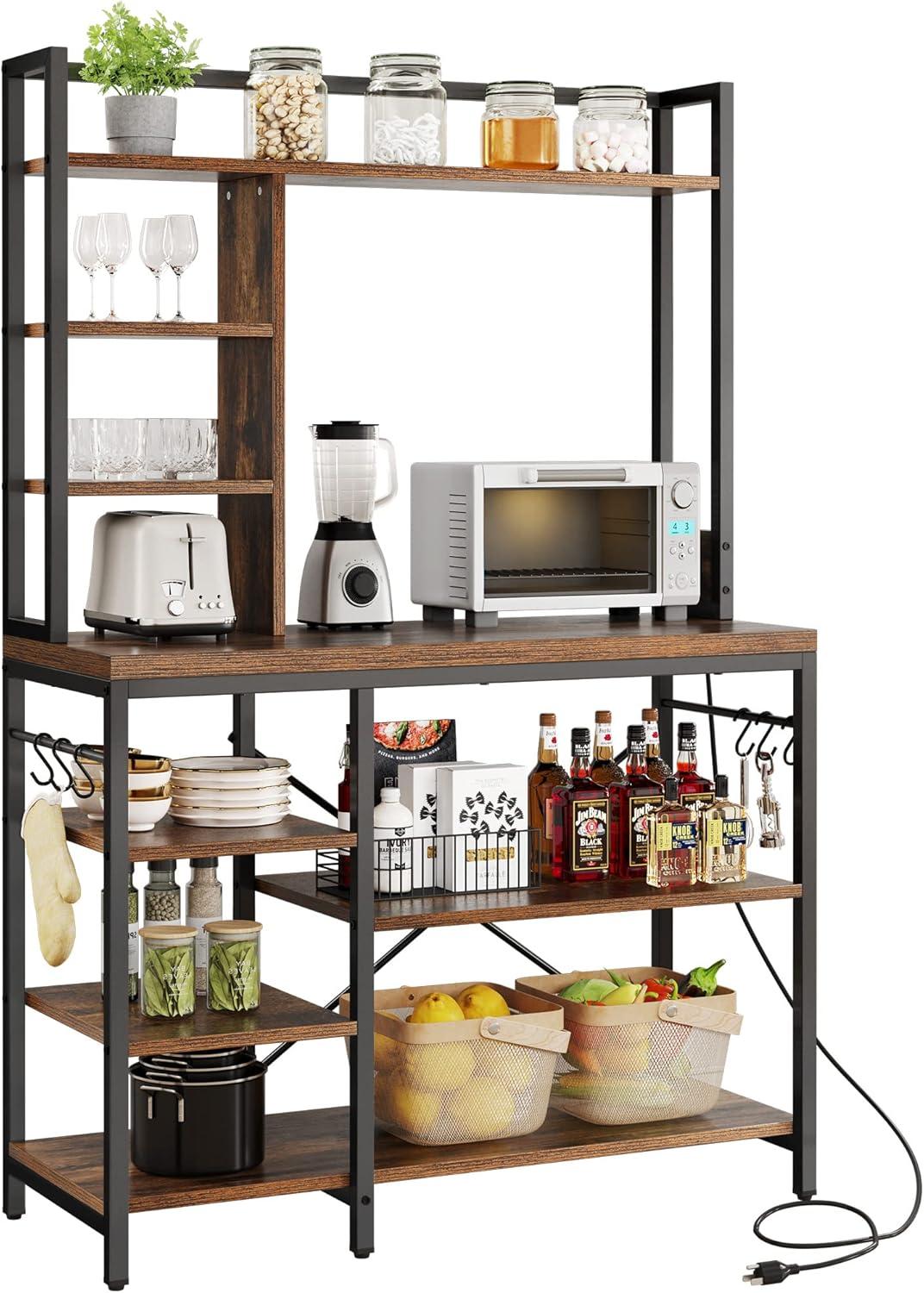 Microwave Stand Bakers Rack with Power Outlet Coffee Bar Kitchen Utility Shelf