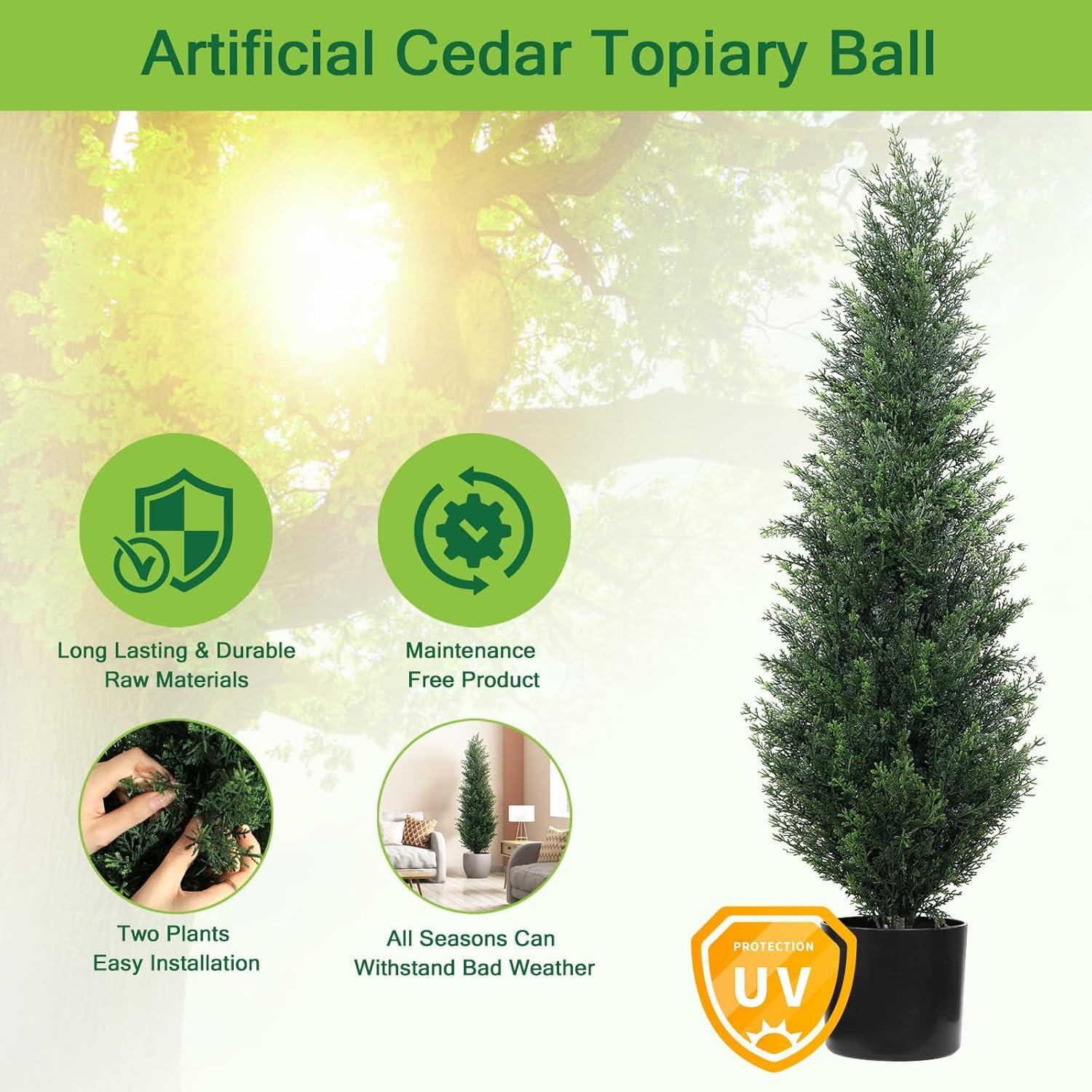 4FT 2-Pack Artificial Cedar Topiary Trees UV Resistant Potted Shrubs Fake Plants, Faux Pine Tree Plant for Home Office Garden Front Porch Patio Indoor Outdoor Party Wedding  Decor