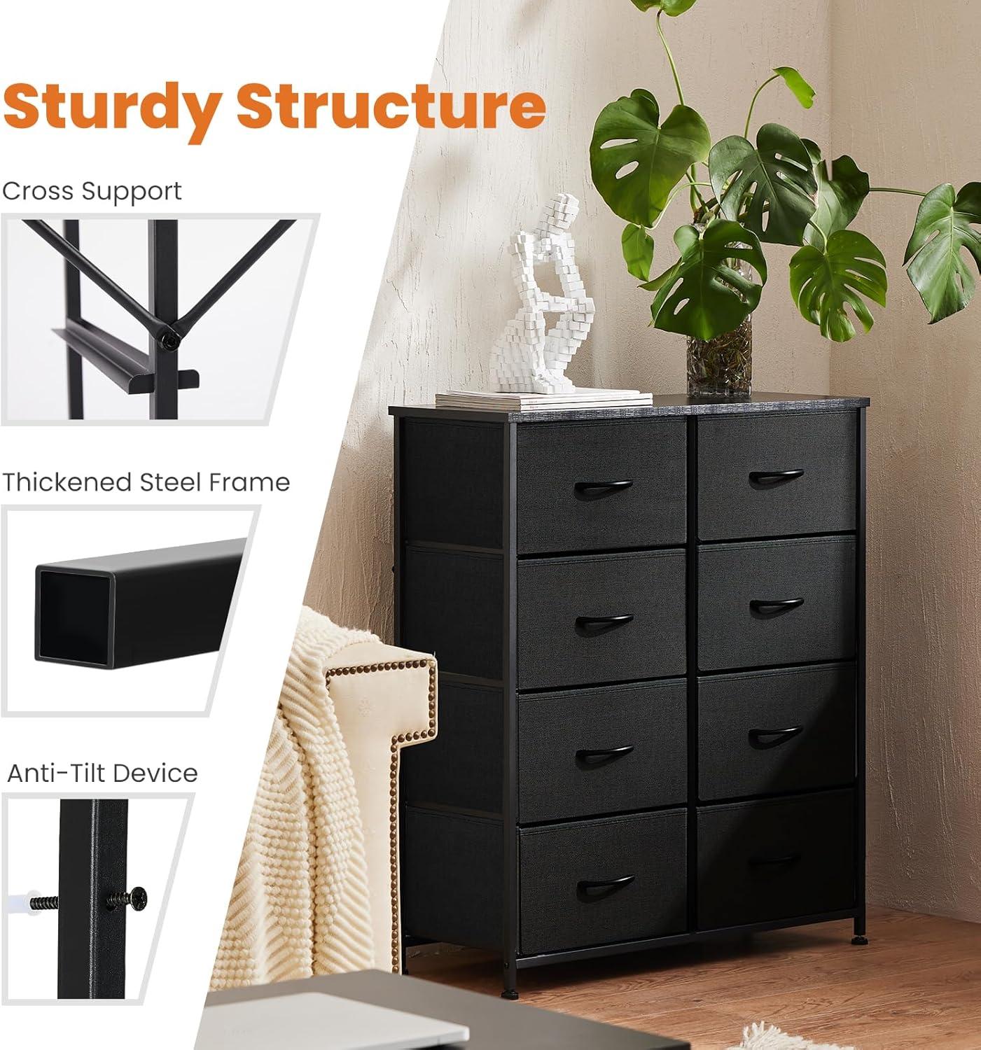 Dresser, Dresser for Bedroom Drawer Organizer Storage Drawers, Fabric Storage Tower with 8 Drawers, Chest of Drawers with Steel Frame, Wood Top for Nursery, Living Room, Closet