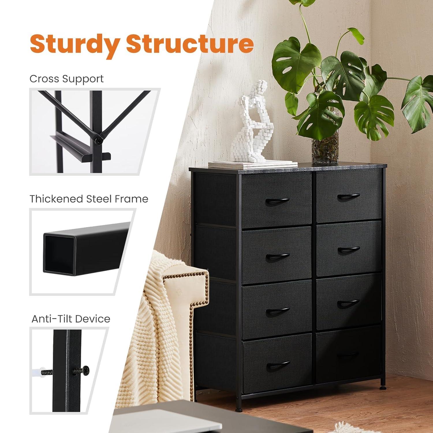 Dresser, Dresser for Bedroom Drawer Organizer Storage Drawers, Fabric Storage Tower with 8 Drawers, Chest of Drawers with Steel Frame, Wood Top for Nursery, Living Room, Closet