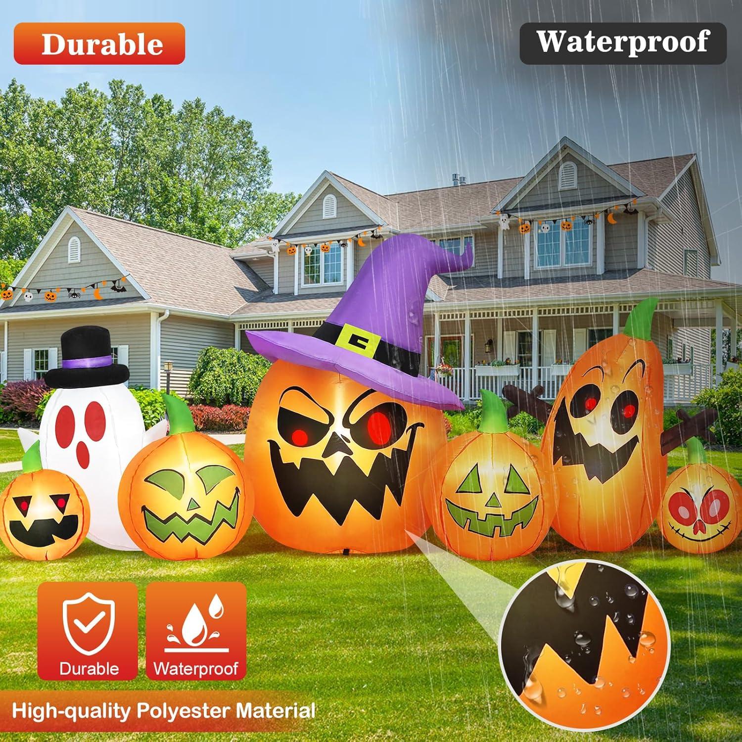 8FT Long Halloween Inflatables Outdoor Decorations, Haunted Inflatable Pumpkins With Witch Hat & Ghost Combo Blow Up Yard Decoration Built-In Leds Lighted For Lawn Garden Outside Indoor Decor