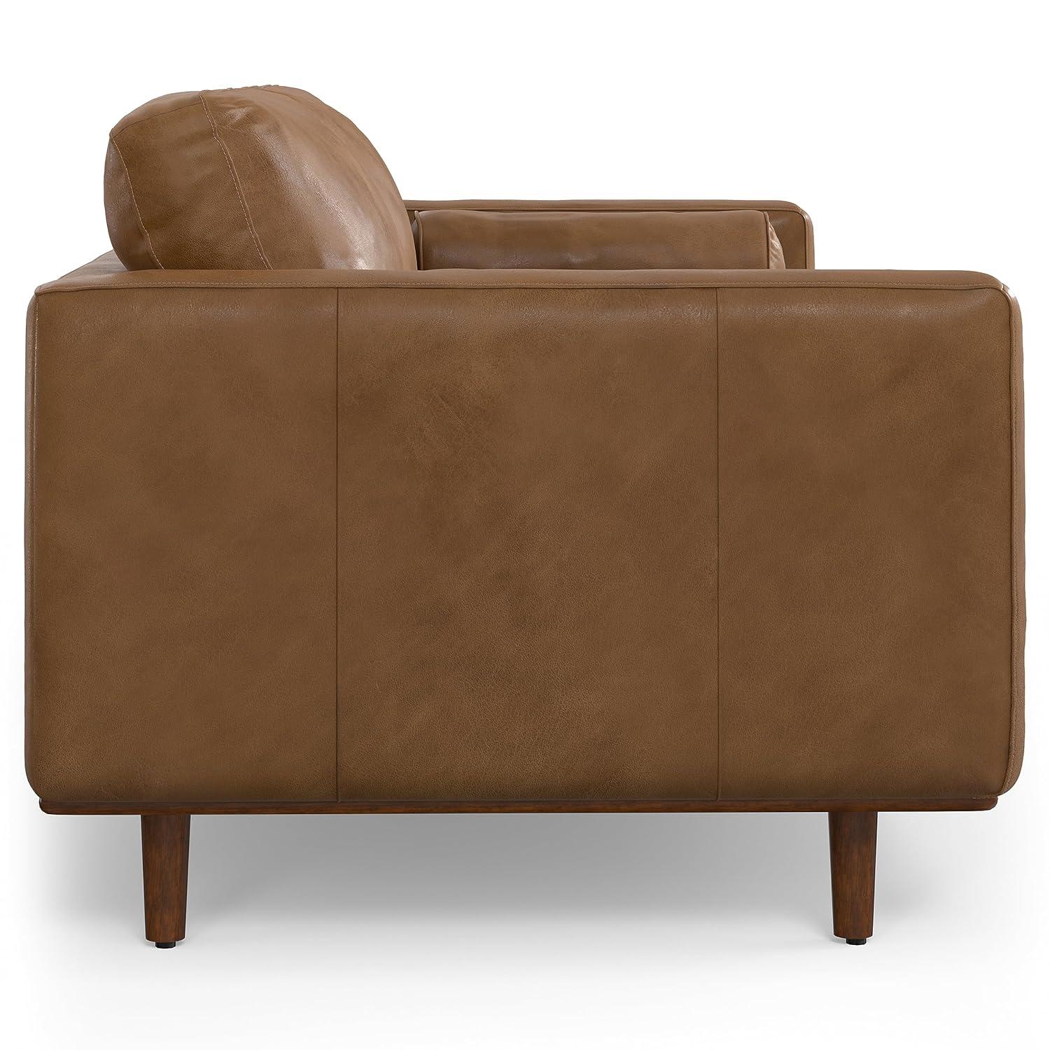 Simpli Home Morrison Genuine Leather Sofa, Mid-Century Modern Couch for Living Room, Handcrafted with Removable Cushions
