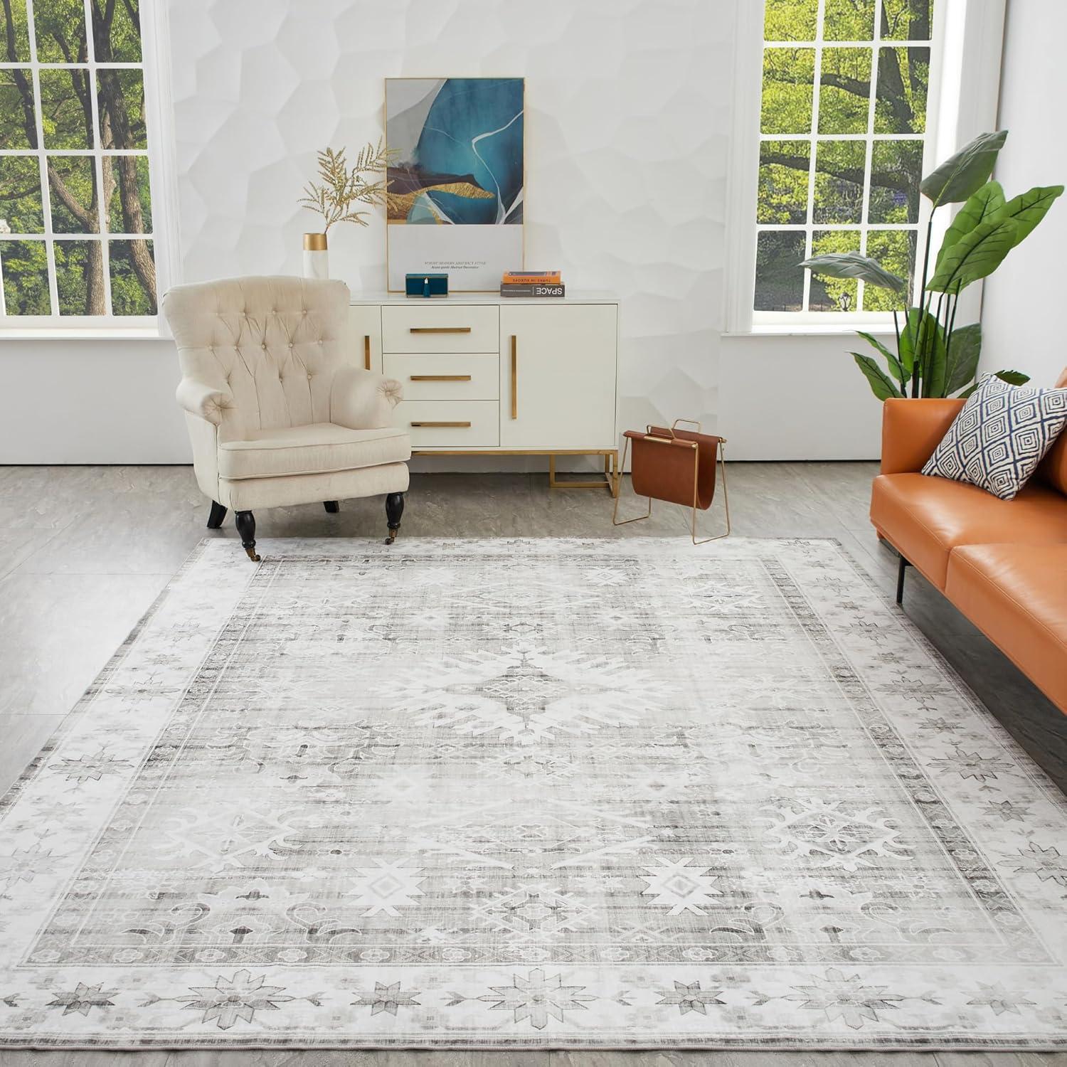 ABYNOW 6x9 Area Rug – Machine Washable, Soft Modern Abstract Carpet for Living Room & Bedroom with Non-Slip Backing, Grey