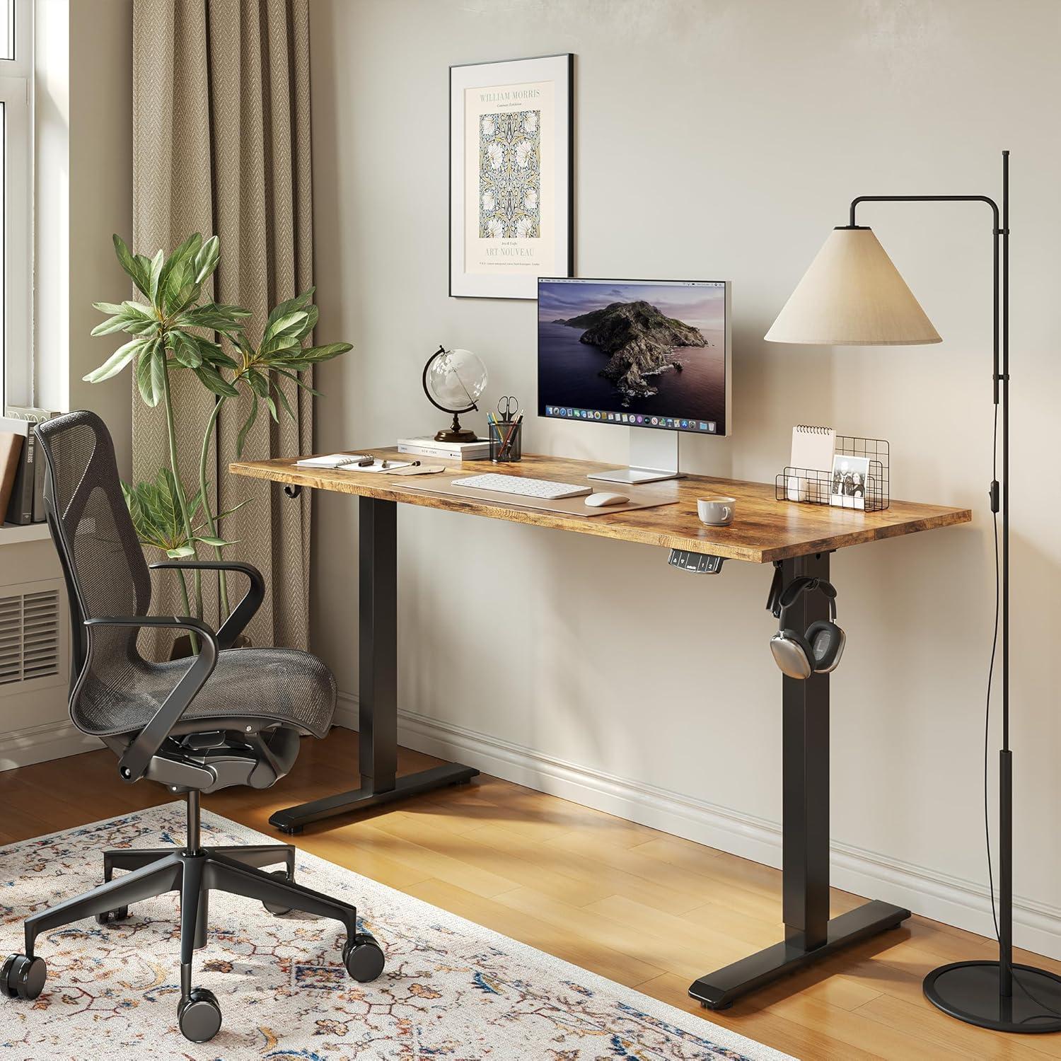 Rustic Brown Adjustable Height Standing Desk with Cup Holder and Headphone Hook