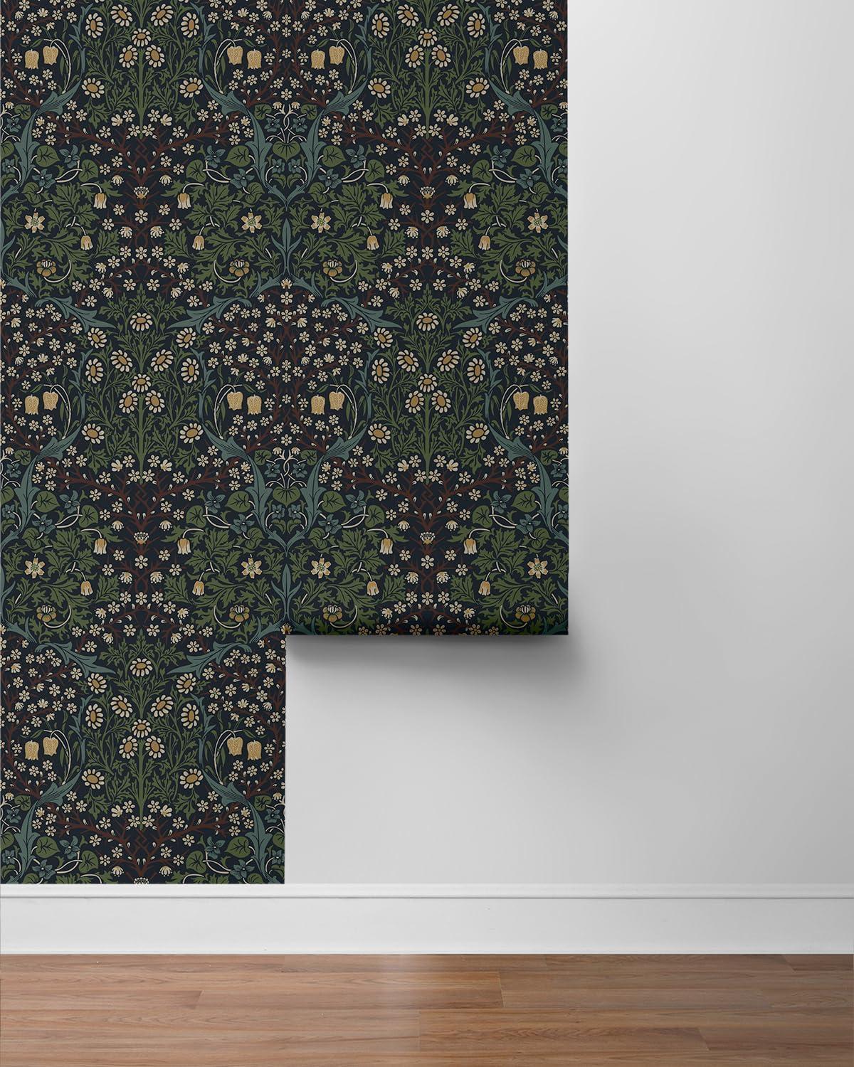 NextWall  Victorian Garden Floral Peel and Stick Wallpaper 20.9 in. W x 18 ft. L - Midnight Blue & Evergreen