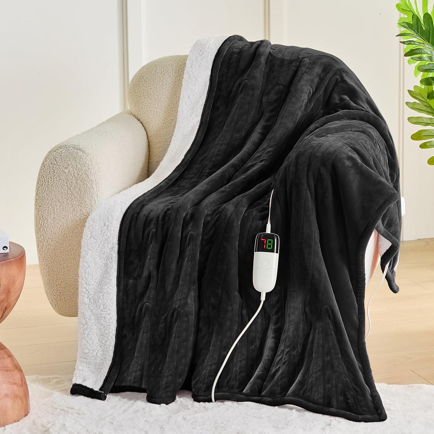 greenoak Heated Blanket Electric Throw 50"X60", Heating Blanket with 10 Heat Levels 1/2/4/6/8 Hours Auto-Off Overheat Protection, Flannel Sherpa Soft Warm Heater, ETL Certified Lacquered Black