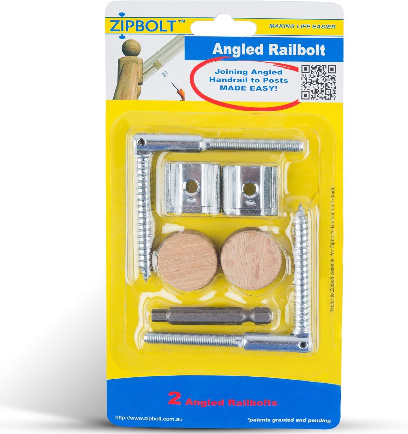 Zipbolt 11.560 Angled Railbolt — Angled Staircase Handrail to Newel Post Connector for Lower Connection, Residential and Commercial Installation, New Construction and Remodels — 1 Double Pack