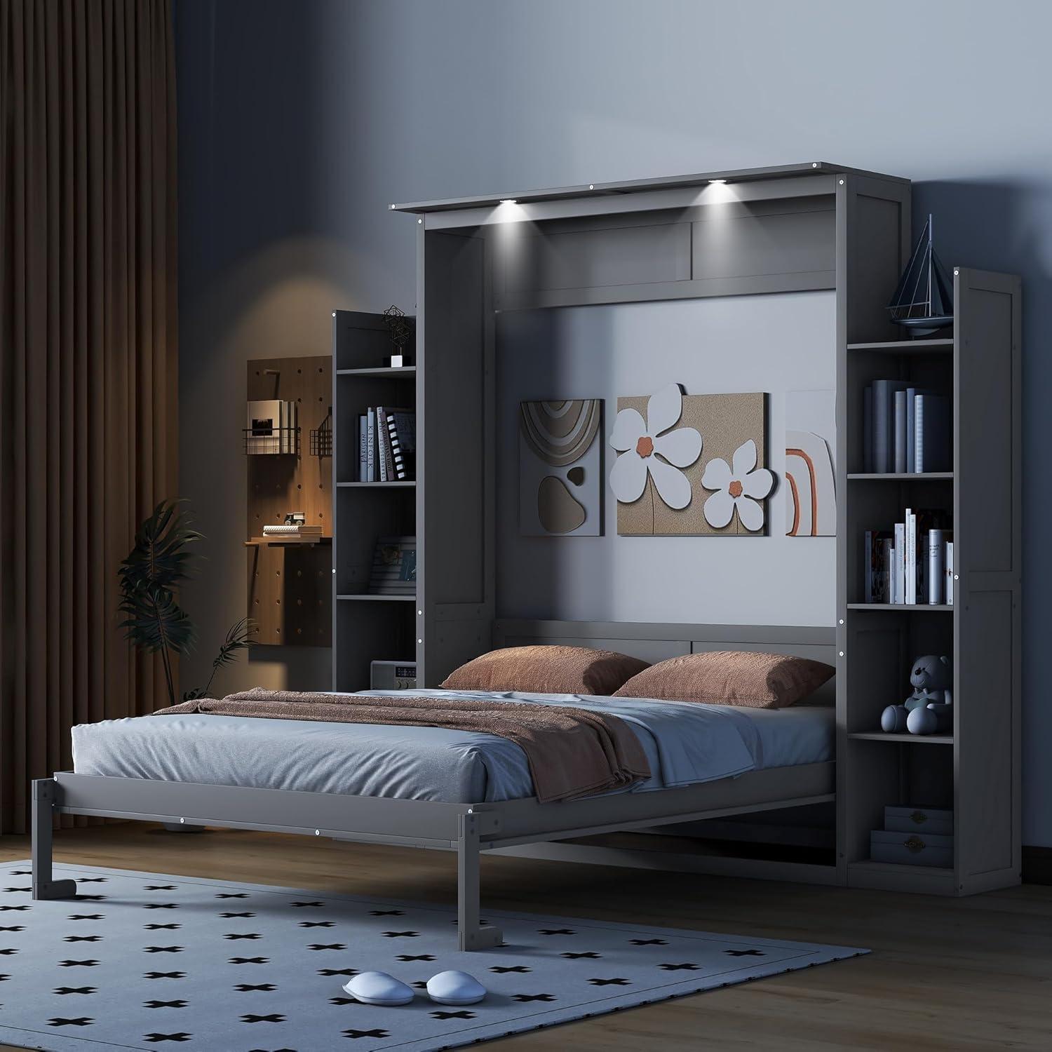 Gray Queen Size Murphy Bed with Shelves and LED Lights