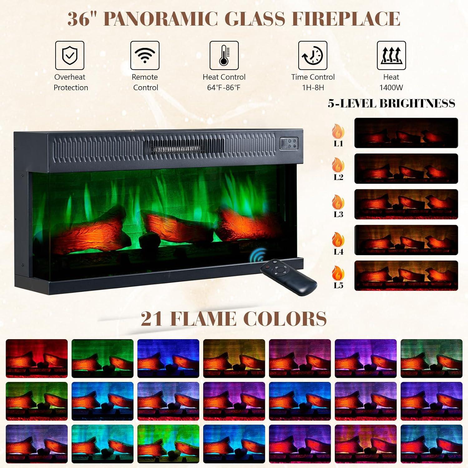 Alvilda 75" Farmhouse TV Stand with 36'' 3-Sided Glass Fireplace, 2 Drawers & Doors Closed Storage
