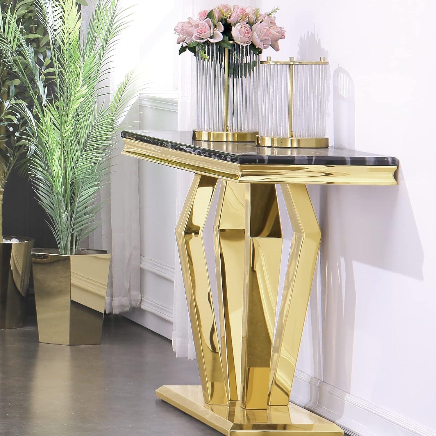 Unbranded Luxury Rectangular Sofa Console Table Modern Living Room Entryway Table with Mirrored Gold Geometric Base Gold