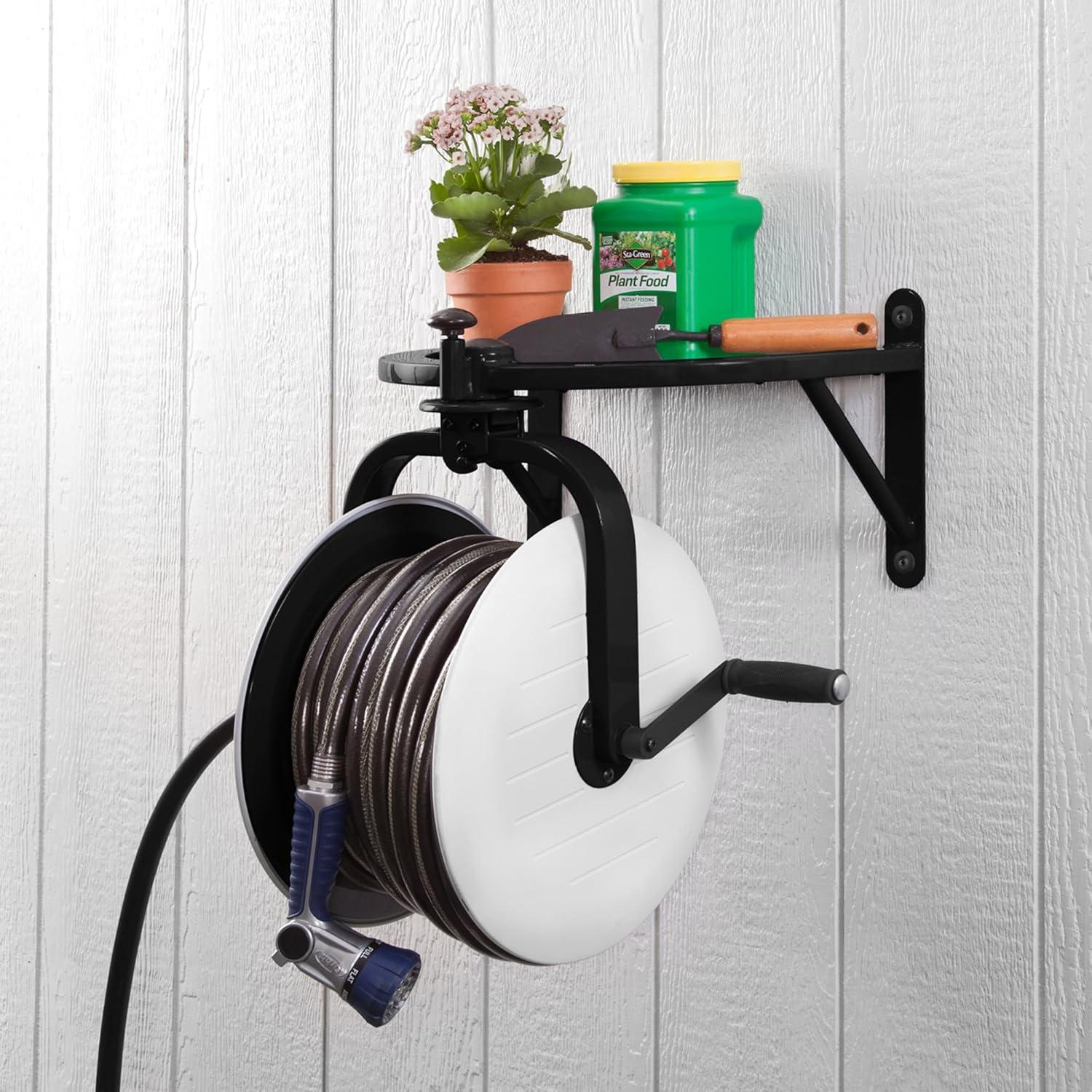 Black and White Steel Wall-Mount Hose Reel with 125-ft Capacity