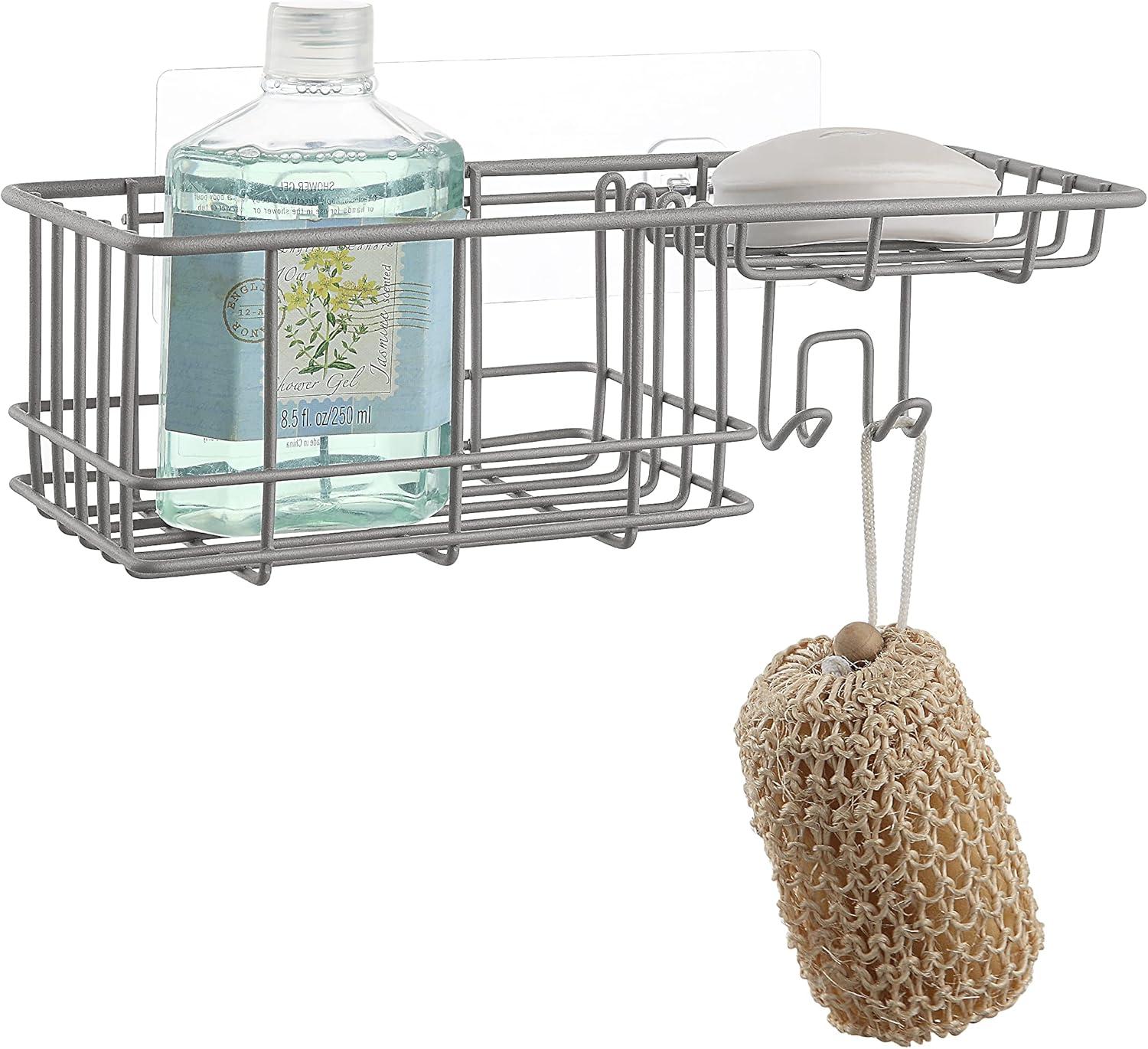 Grey Metal Wall Mounted Shower Caddy with Hooks