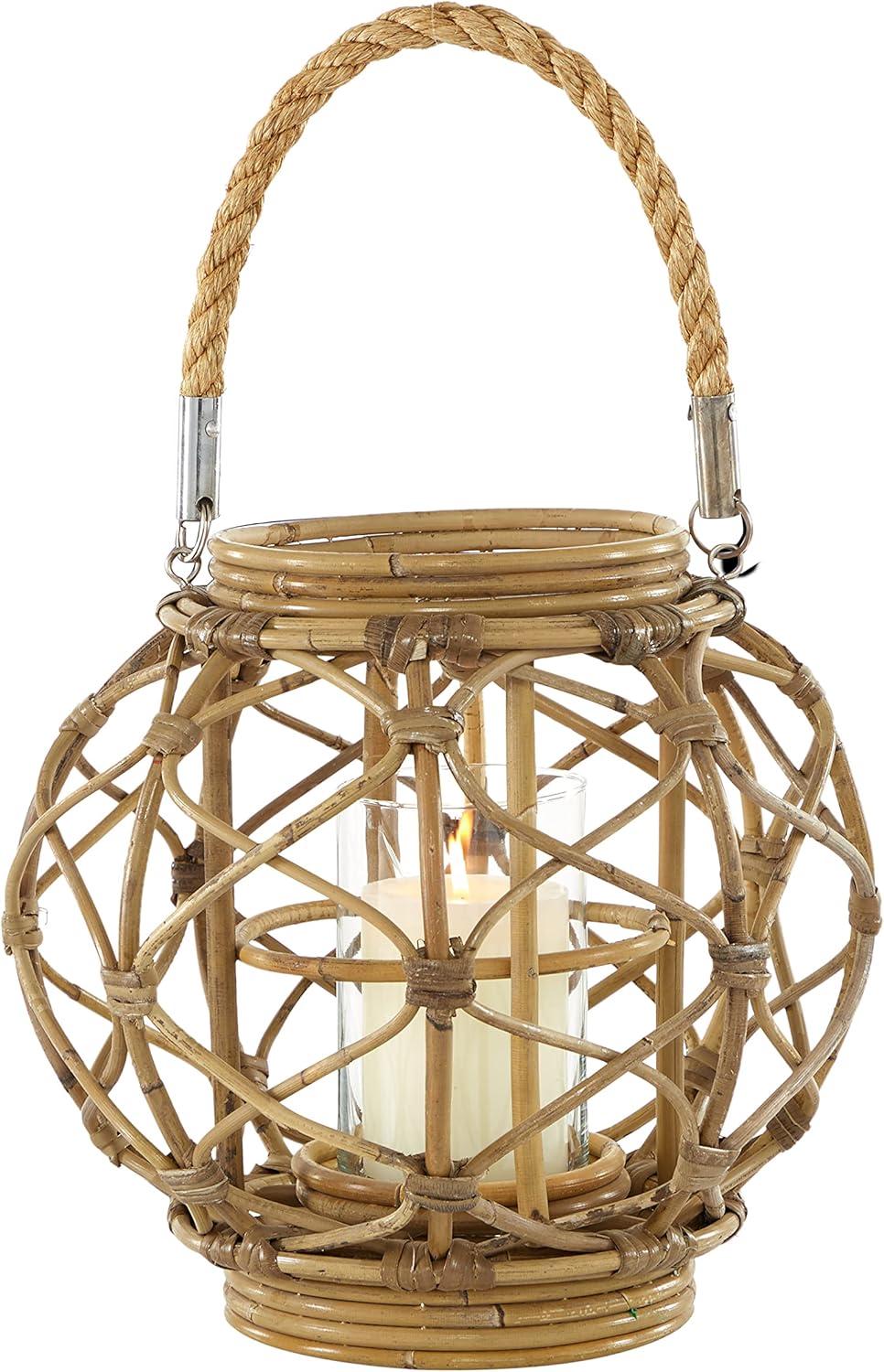 Ellipse-Shaped Rattan and Burlap Rope Hanging Lantern, 13''