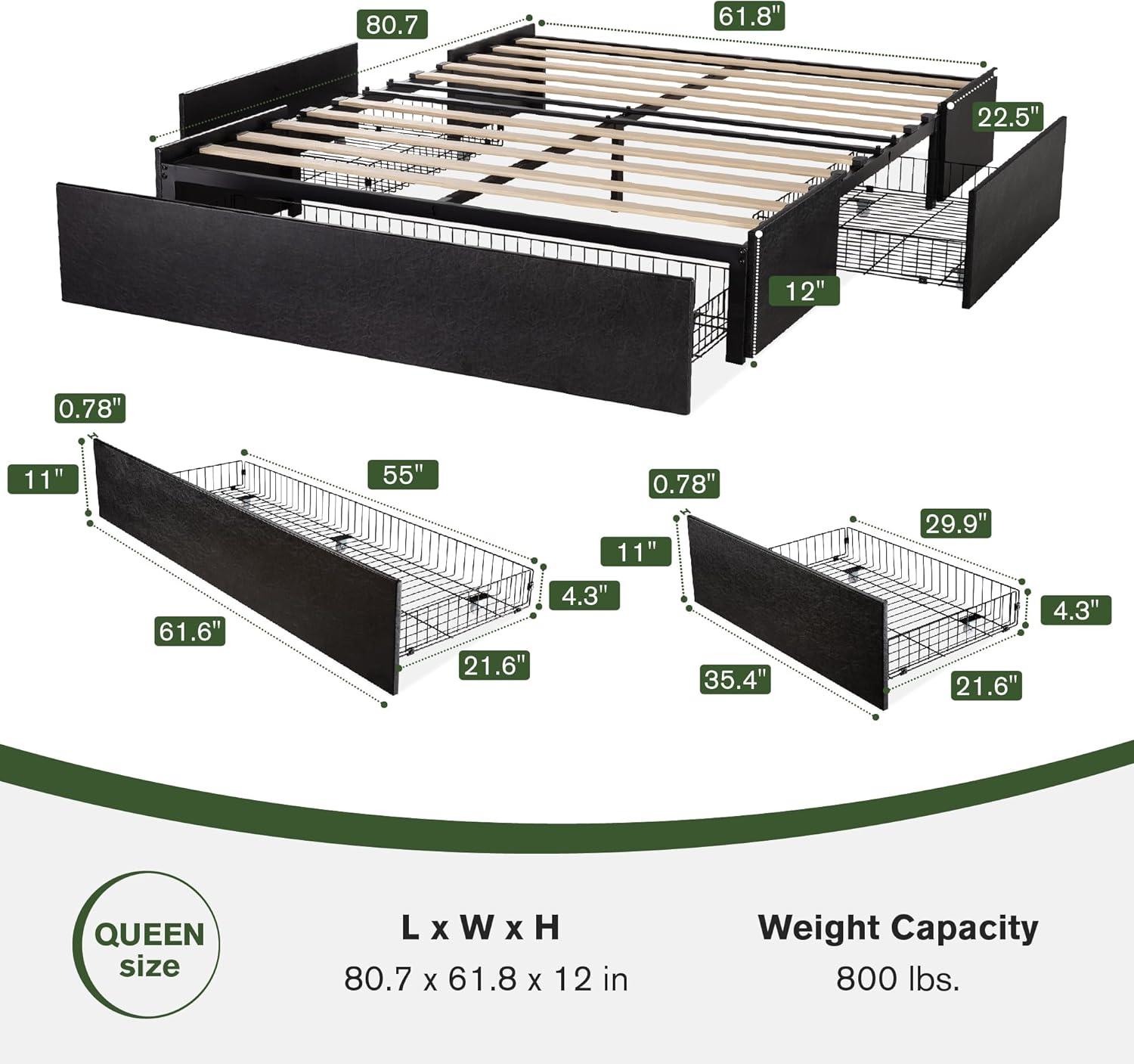 Modern Black Faux Leather Queen Bed Frame with Storage Drawers