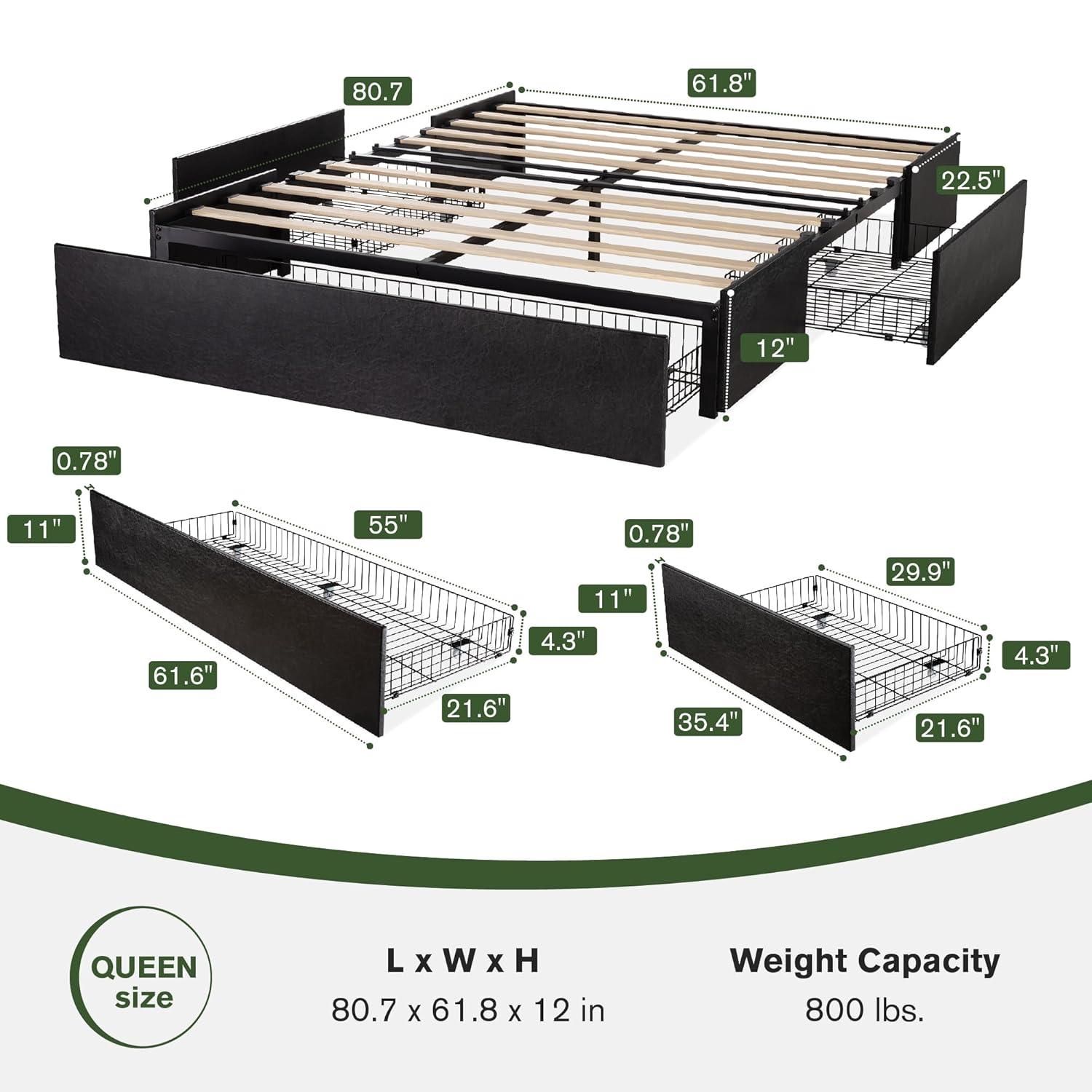 Allewie Queen Size Platform Bed Frame with 3 Storage Drawers, Faux Leather Upholstered, Wooden Slats Support, No Box Spring Needed, Easy Assembly, Black