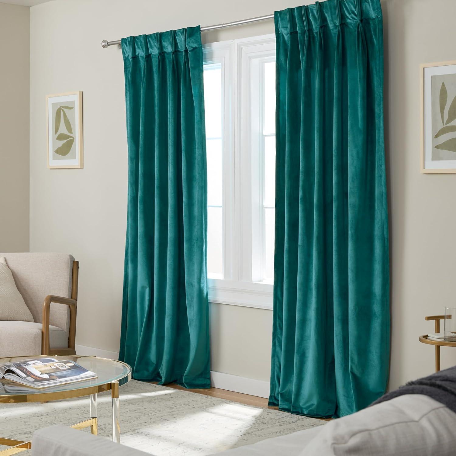 TOWN & COUNTRY LUXE Velour Solid Heavyweight Indoor Curtains, Light Filtering Opacity, Triple Pinch Pleat Top, Plush Velvet, 2-Pack Set, 27"x84", Teal