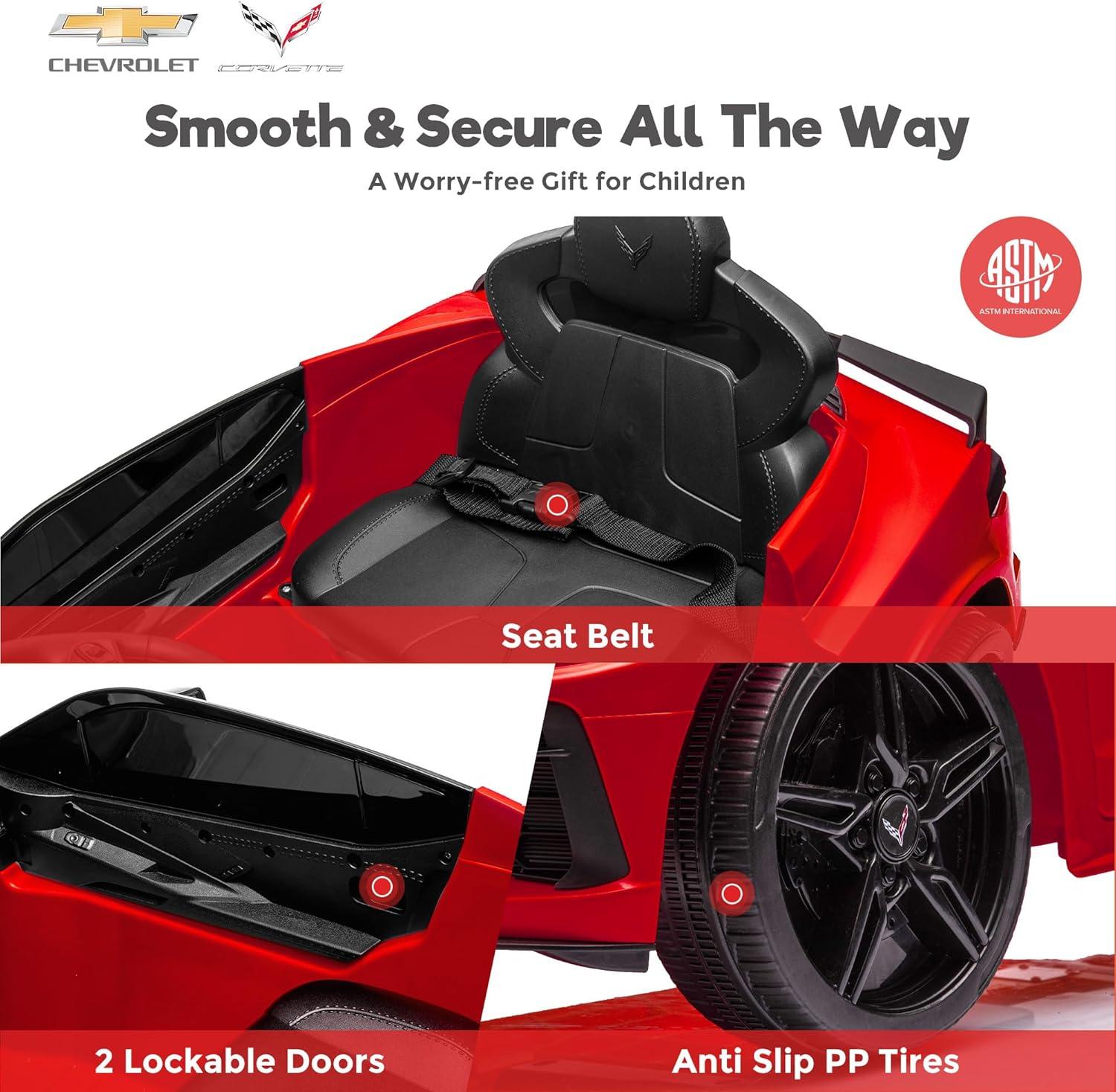 FUNTOK Licensed Chevrolet Corvette C8 12V Kids Electric Ride on Car Toy, Battery Powered Car Truck with Remote Control, Bluetooth, 3 Speeds, LED Headlight, Music Player & Spring Suspension, Red