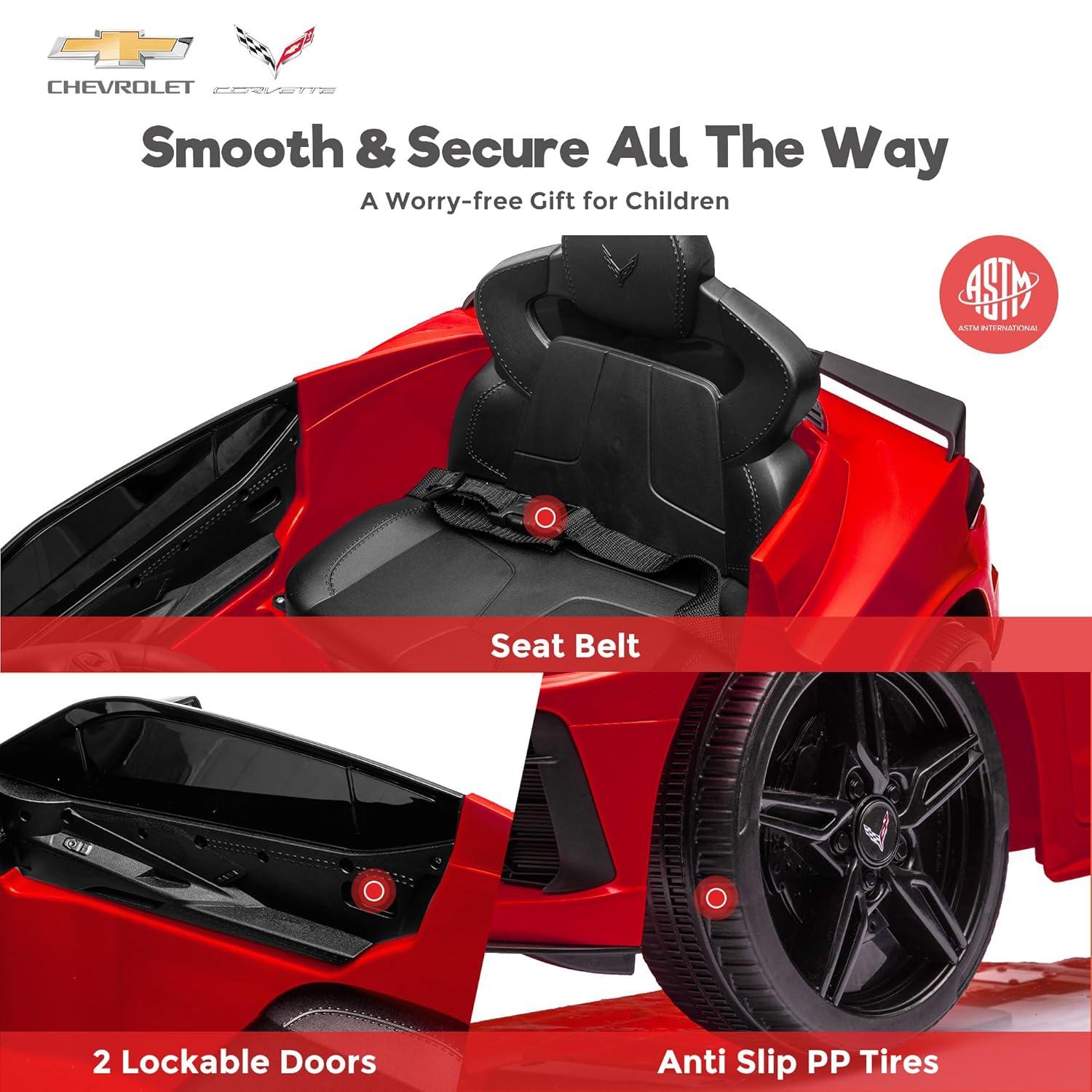 FUNTOK Licensed Chevrolet Corvette C8 12V Kids Electric Ride on Car Toy, Battery Powered Car Truck with Remote Control, Bluetooth, 3 Speeds, LED Headlight, Music Player & Spring Suspension, Red