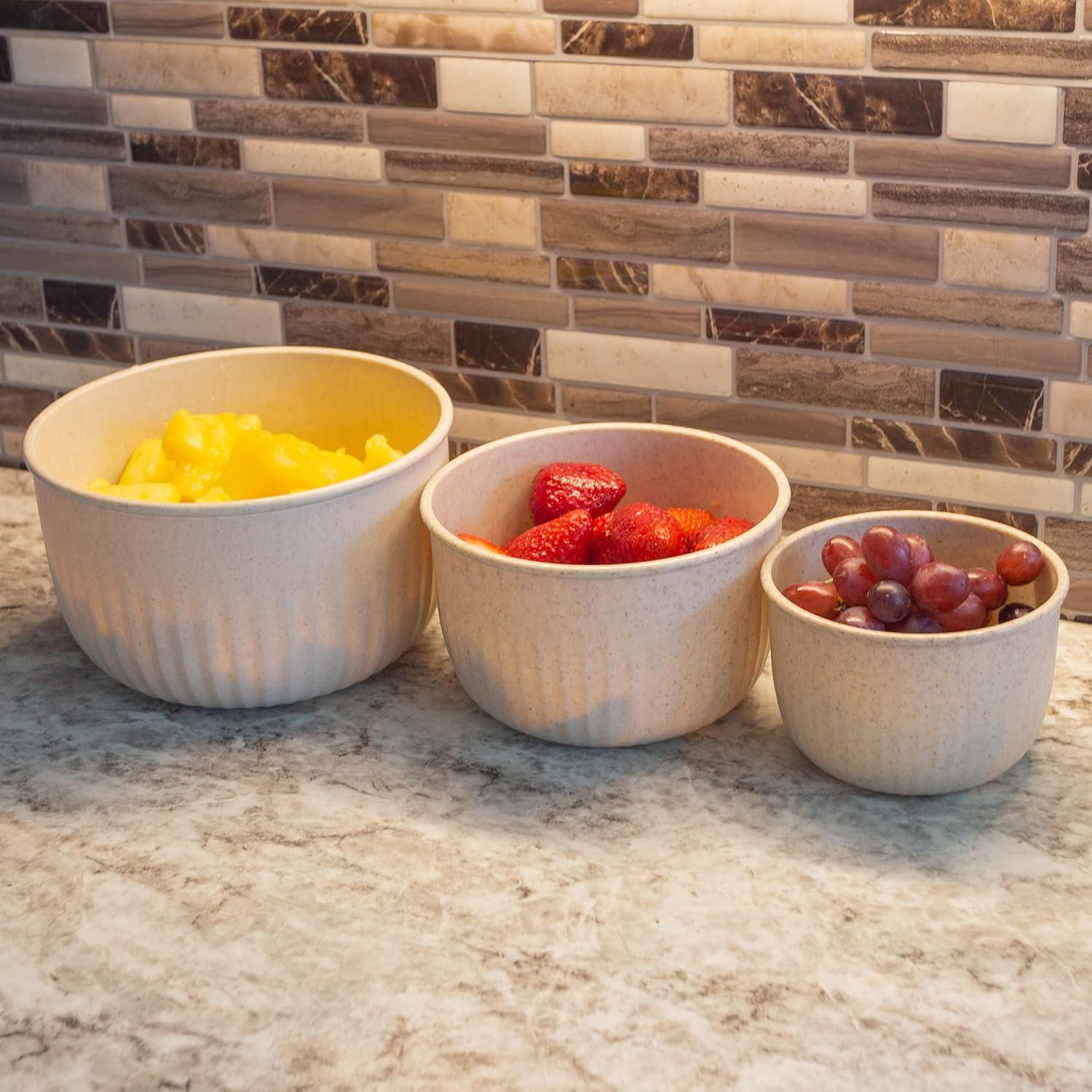 Set of 3 Bowls with Lids - Microwave, Freezer, and Fridge Safe Nesting Mixing Bowls - Eco-Conscious Kitchen Essentials by Classic Cuisine (Beige)