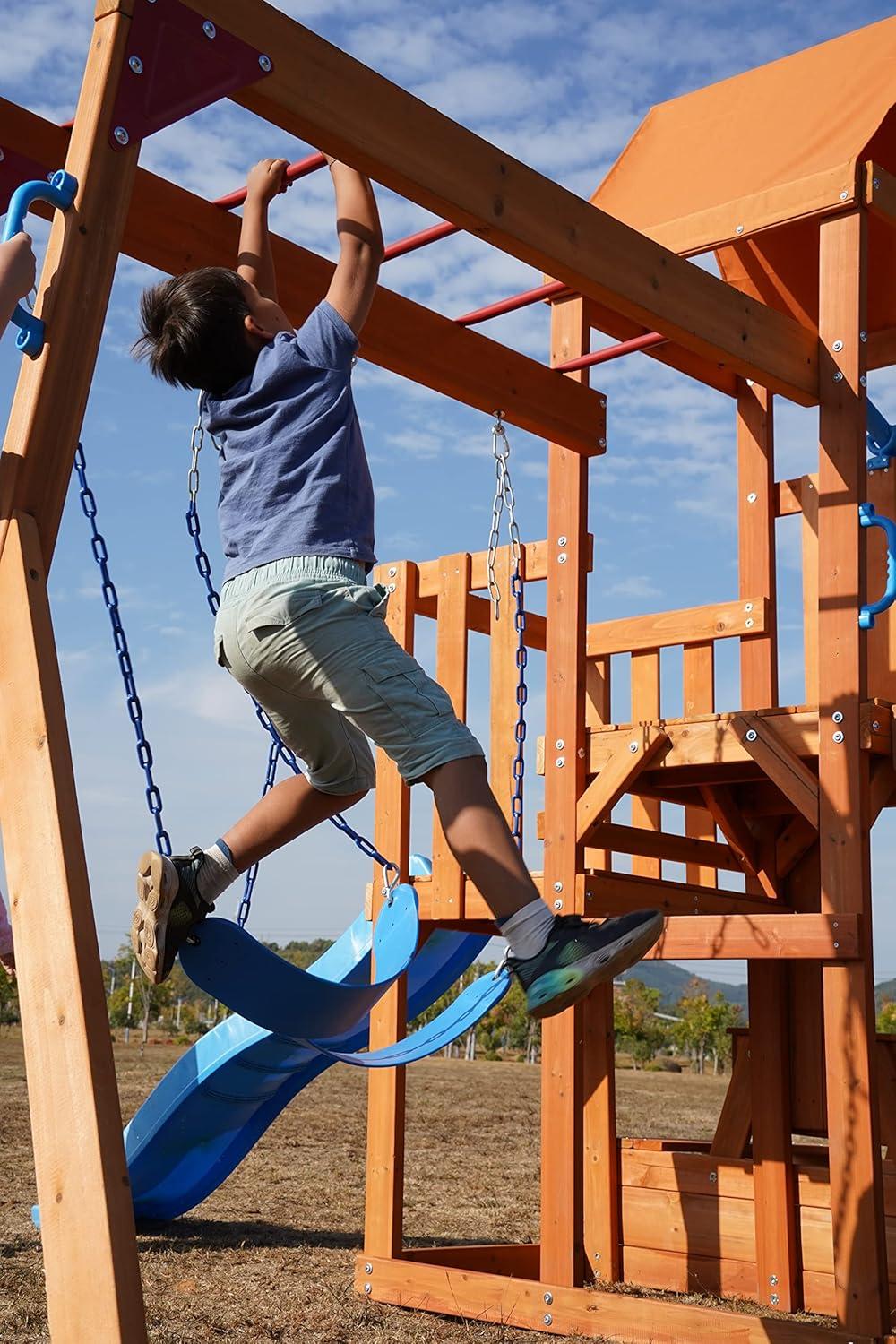 Dolphin Playground Wooden Swing Sets for Backyard, Family DIY Kit for Any Swings, Outdoor Playset for Kids with Trapeze Swing Bar and 2 Belt Swings, Heavy Duty Playground Accessories, Ages 3-10