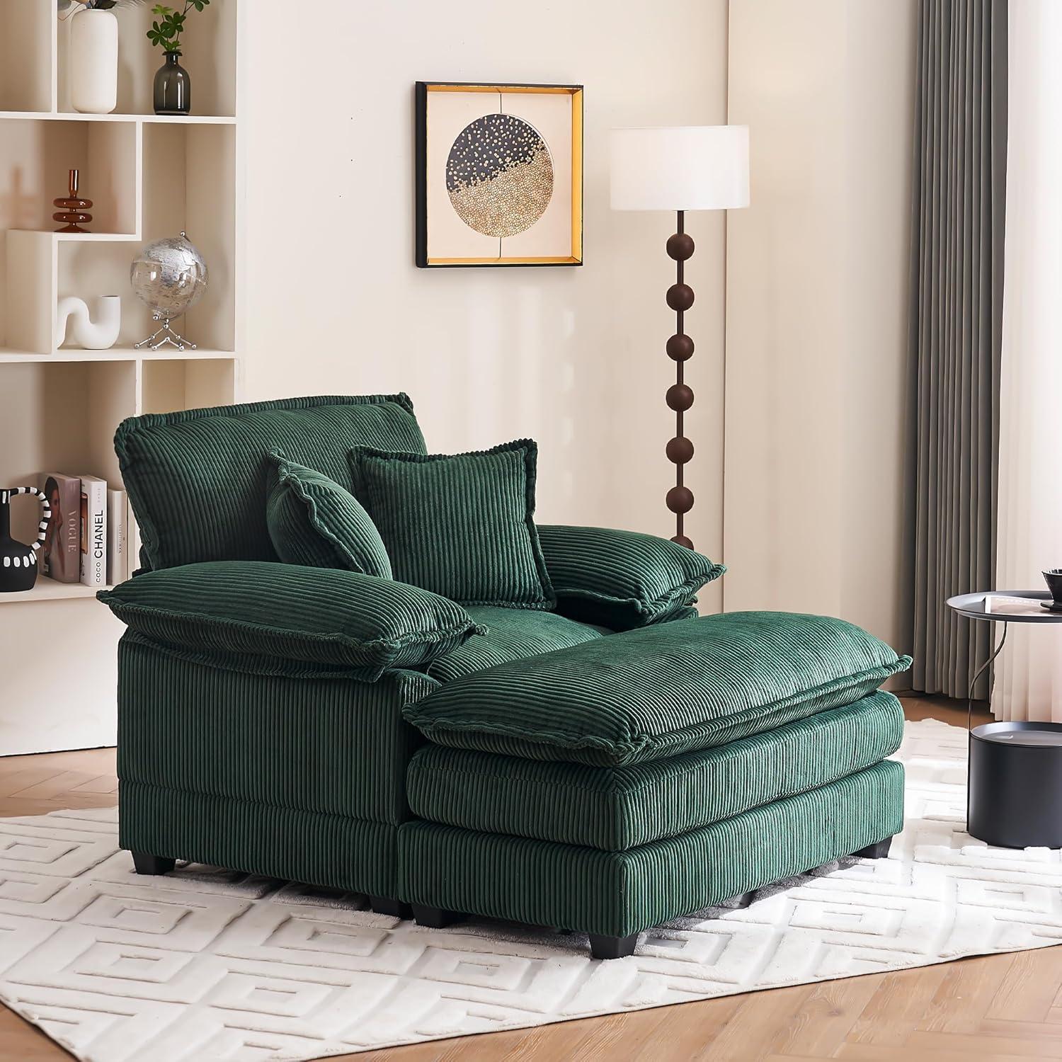 46.9" W Oversized Chair with Ottoman, Corduroy Upholstered Chaise Lounge Chair Indoor Reading Chairs Sofa Couche Oversized Comfy Chairs for Living Room, Bedroom (Corduroy Green)