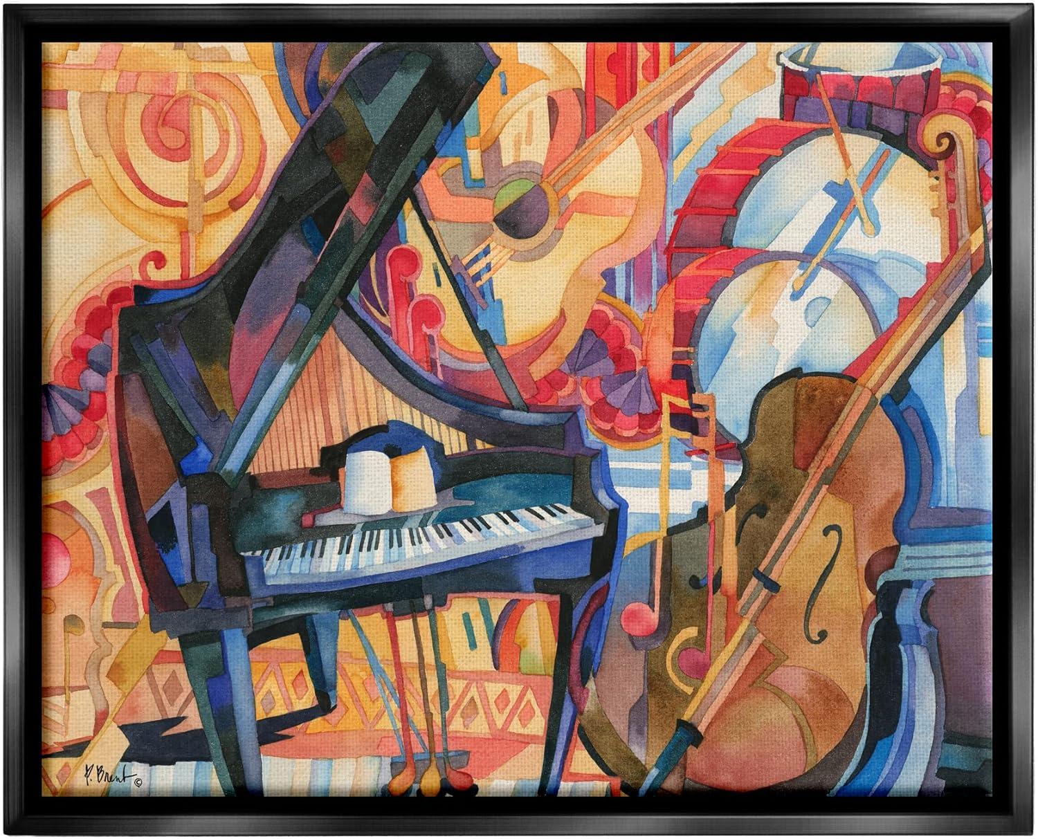 Stupell Industries Big City Music Piano Cubism Painting Jet Black Floating Framed Canvas Print Wall Art, Design by Paul Brent