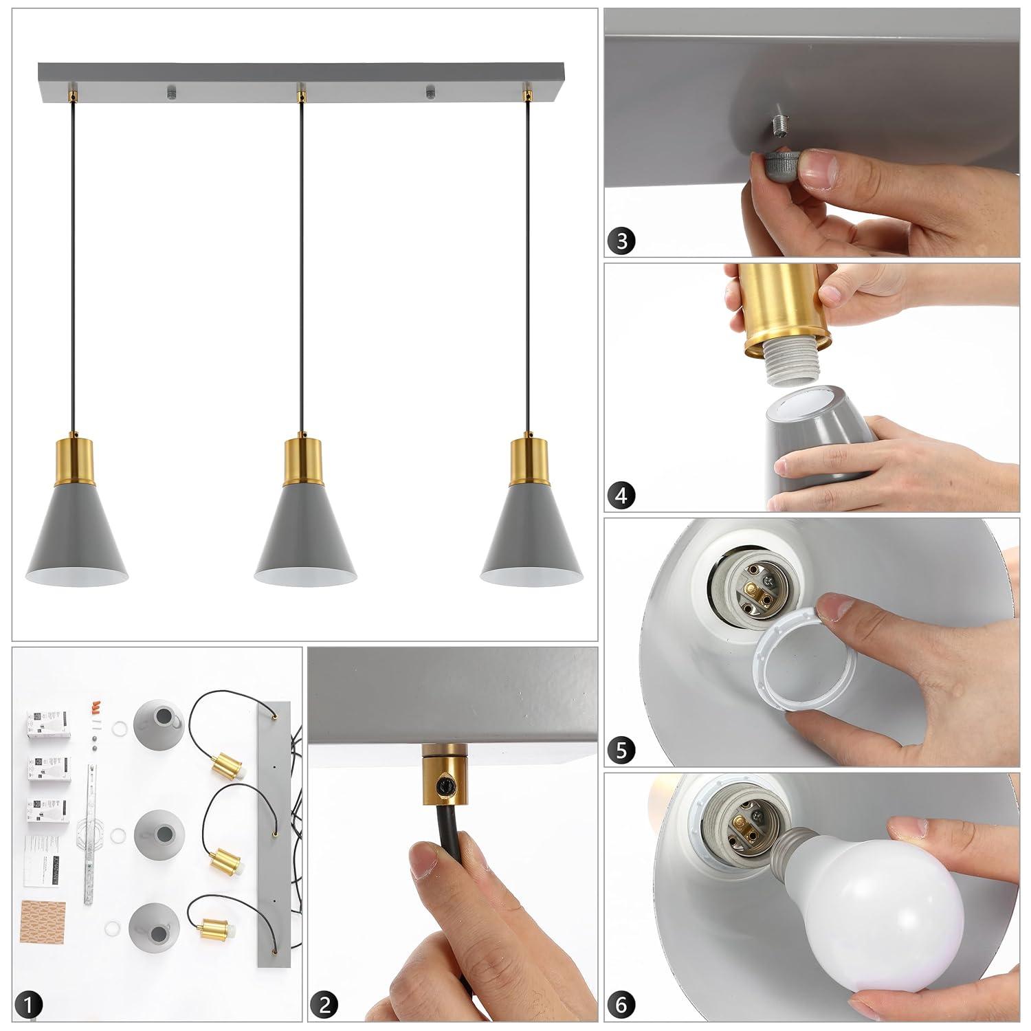 Apollo 33.5" 3-Light Mid-Century Modern Iron Adjustable Linear LED Pendant, Gray/Brass Gold