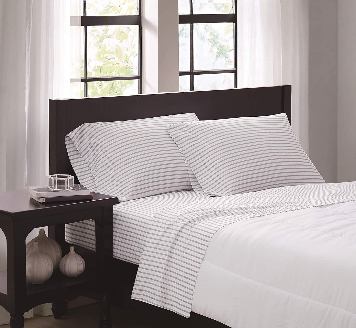 Twin White and Grey Pinstripe Microfiber Sheet Set