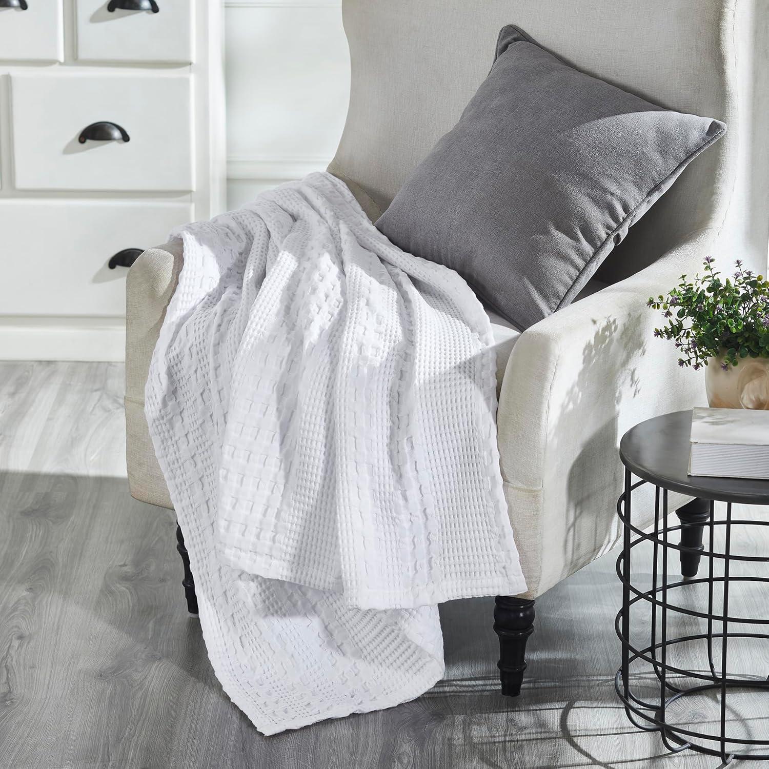 VHC Brands Waffle Weave White Throw 50x60, Decorative Cotton Throw Blanket, Boho Farmhouse Bedroom, Living Room Decor for Bed, Couch, or Sofa