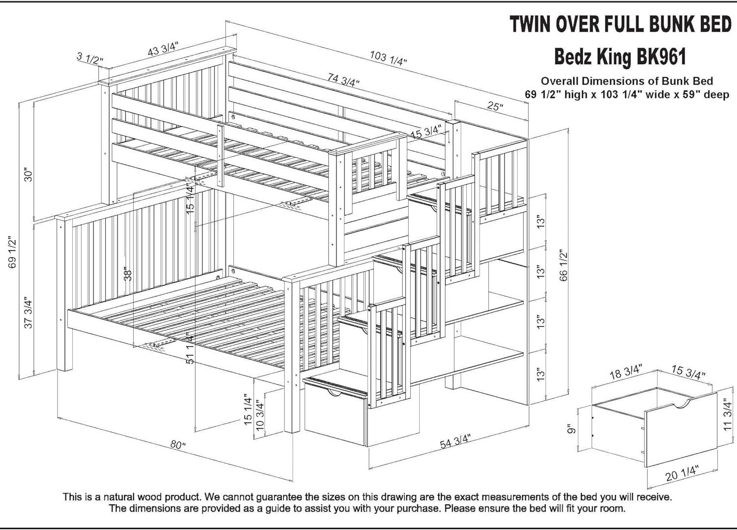 Bedz King Stairway Bunk Beds Twin over Full with 4 Drawers in the Steps and 2 Under Bed Drawers, Dark Cherry