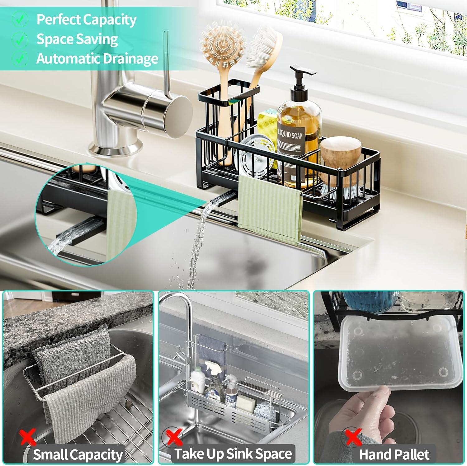 QIANXI Sponge Holder For Kitchen Sink - Self-draining Sink Caddy With Brush Holder And Dishcloth Holder, Stainless Steel Kitchen Sink Organizer For Countertop