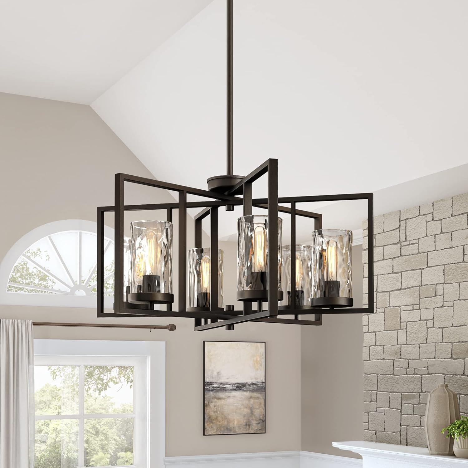 Charcoal Black Steel 6-Light Chandelier with Rain Glass