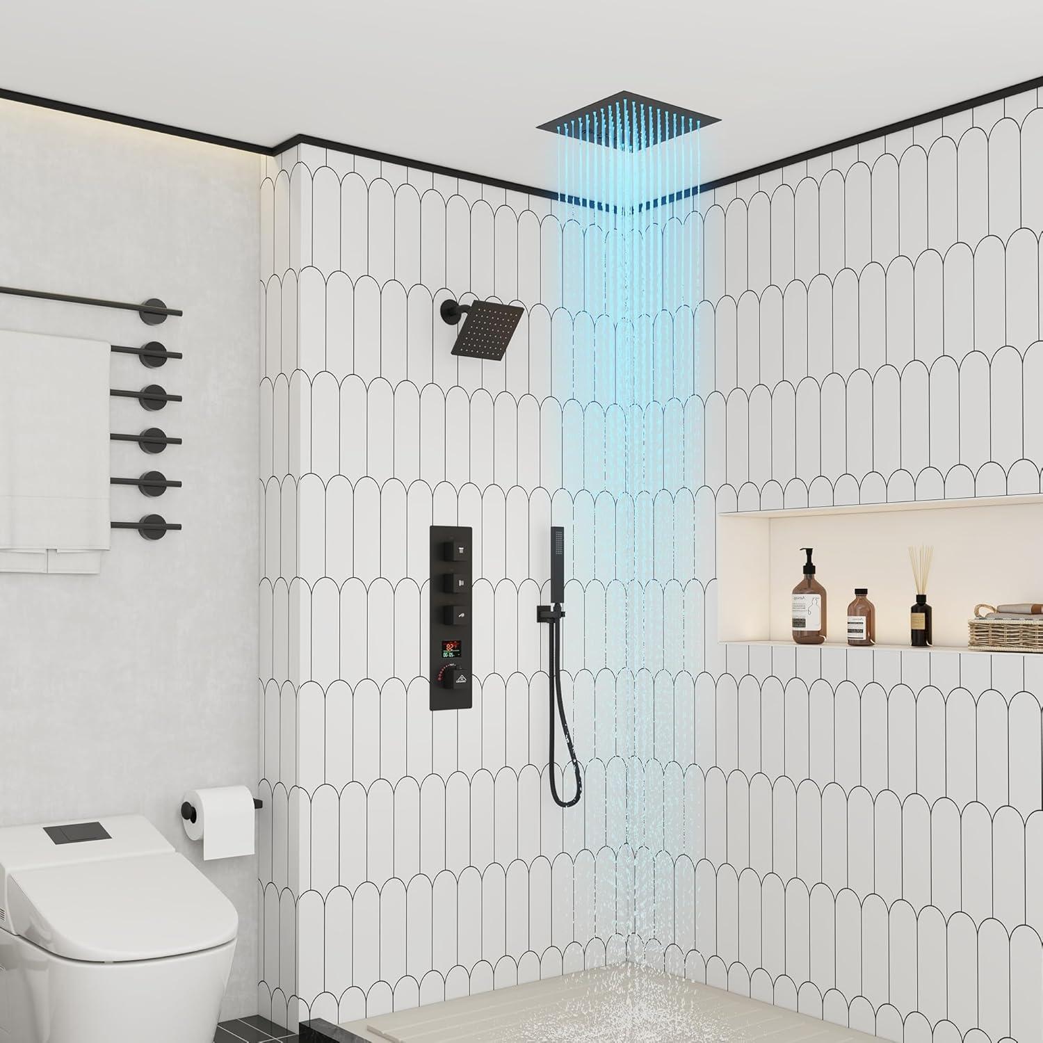 Rodeo 27.5-Inch LED&Music Rainfall Thermostatic Shower System with Slide Bar and 2-in-1 Handheld