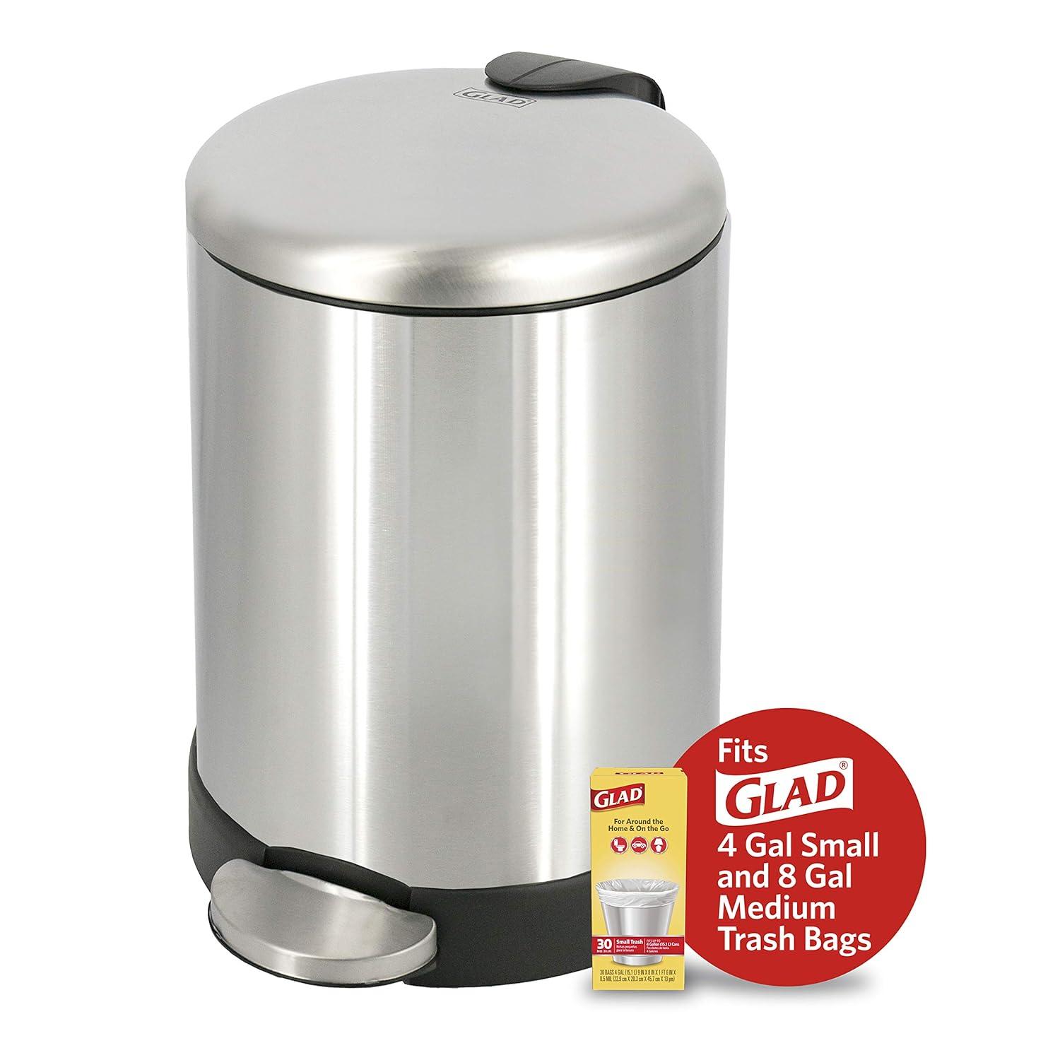 Glad Small Trash Can, 1.2 Gallon | Round Stainless Steel Garbage Bin with Soft Close Lid & Step Foot Pedal | Metal Waste Basket with Removable Inner Bucket, Stainless