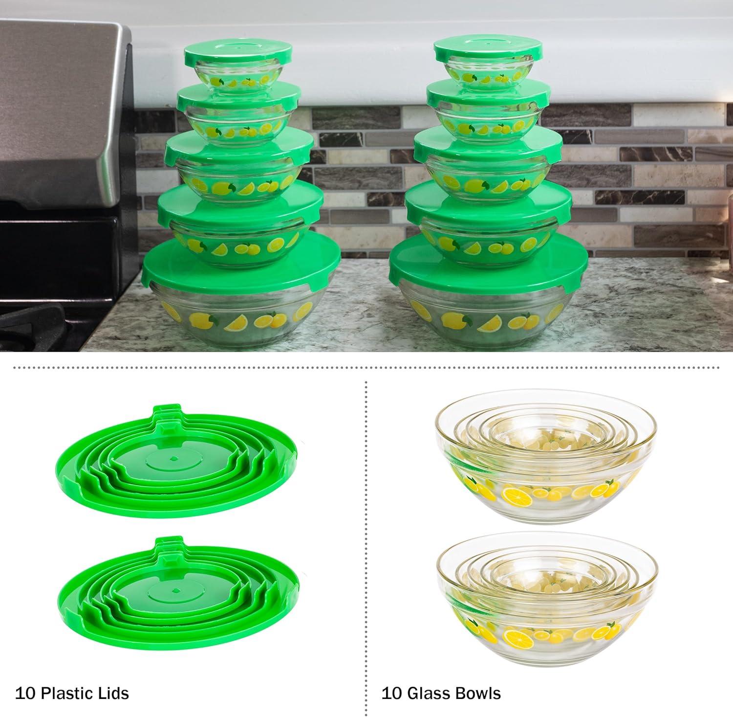 20-Piece Glass Bowls with Lids Set - Lemon Design Mixing Bowls Set with Multiple Sizes